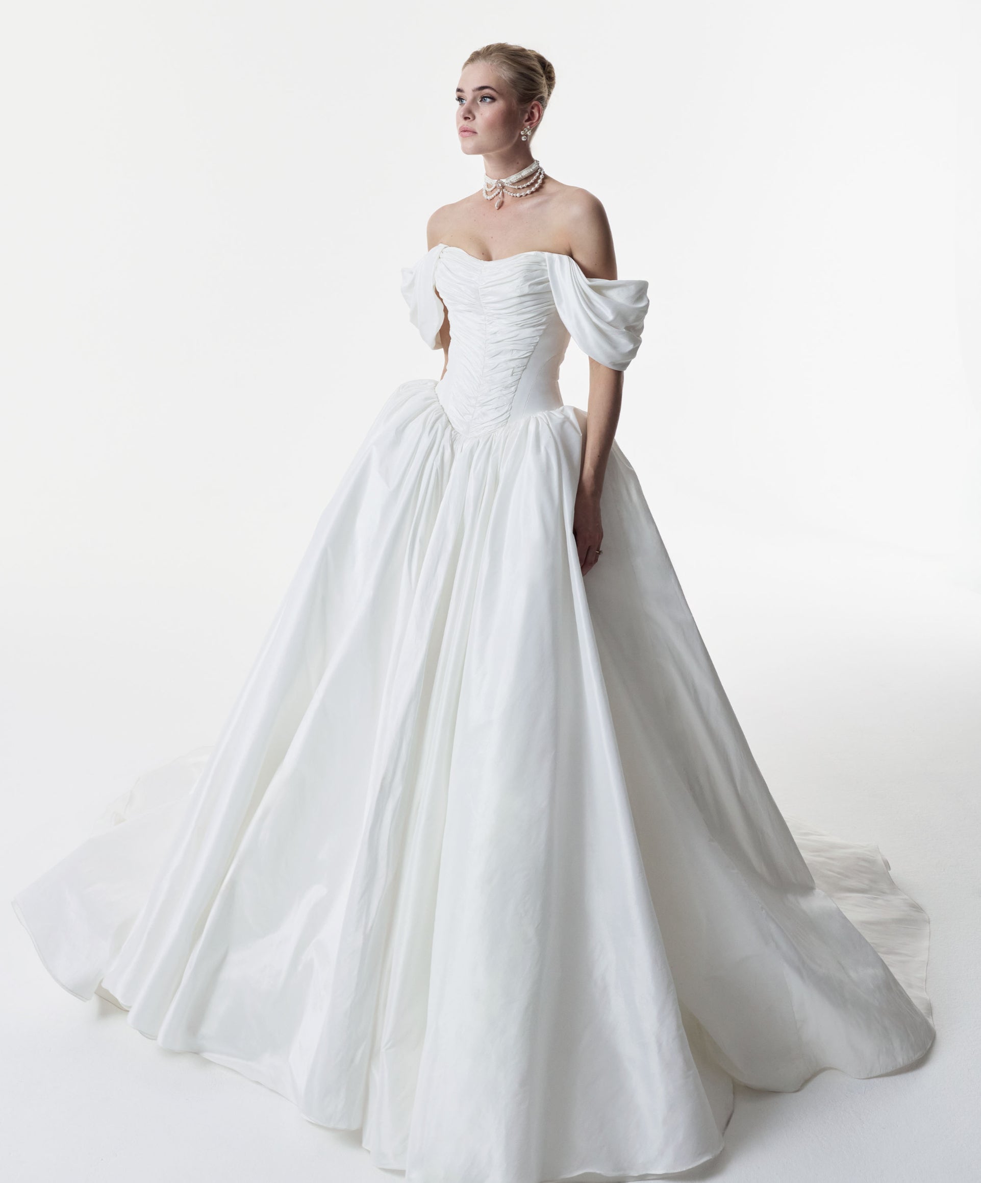 off the shoulder straps and a tightly ruched metallic taffeta bodice and basque waist full ballgown A-Line skirt and choker