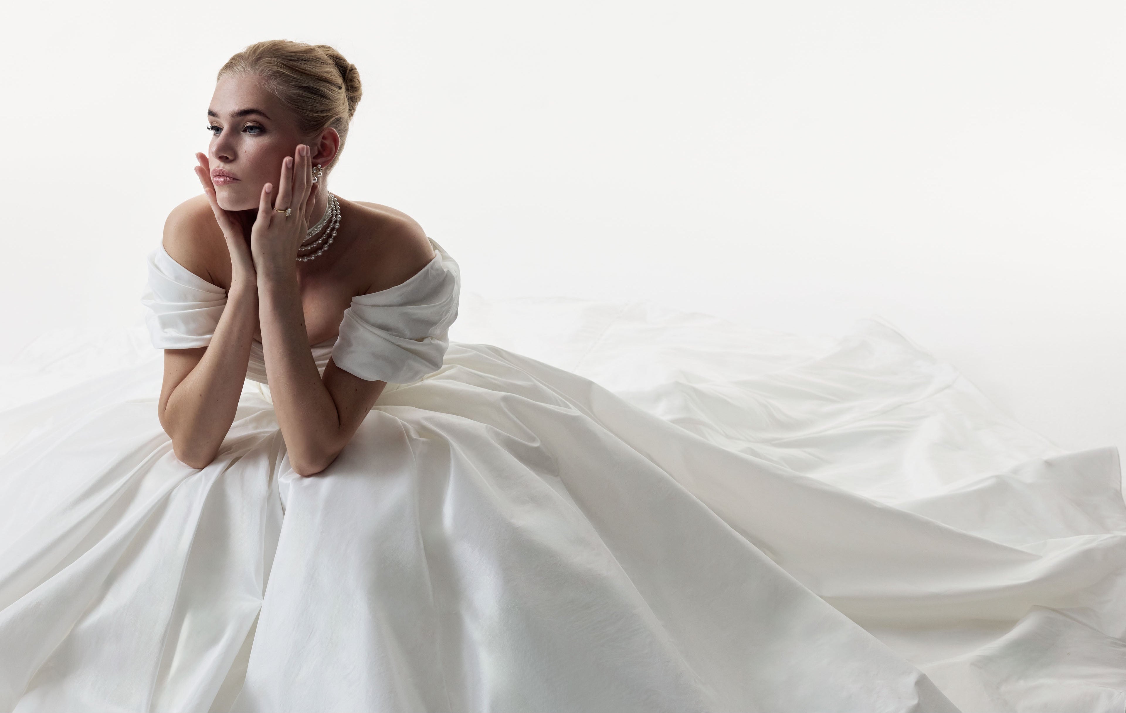 off the shoulder straps and a tightly ruched metallic taffeta bodice and basque waist full ballgown A-Line skirt and choker