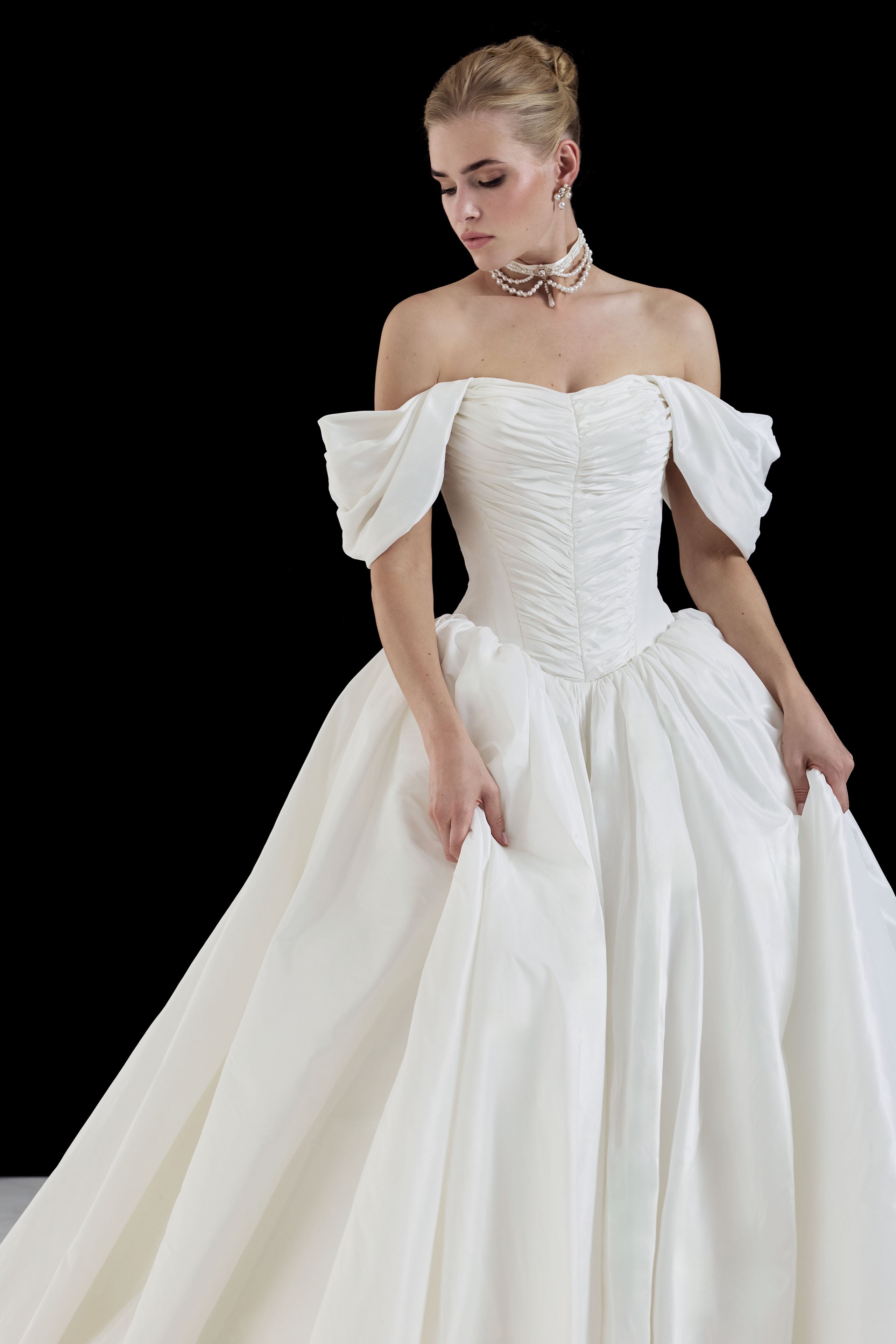 off the shoulder straps and a tightly ruched metallic taffeta bodice and basque waist full ballgown A-Line skirt and choker