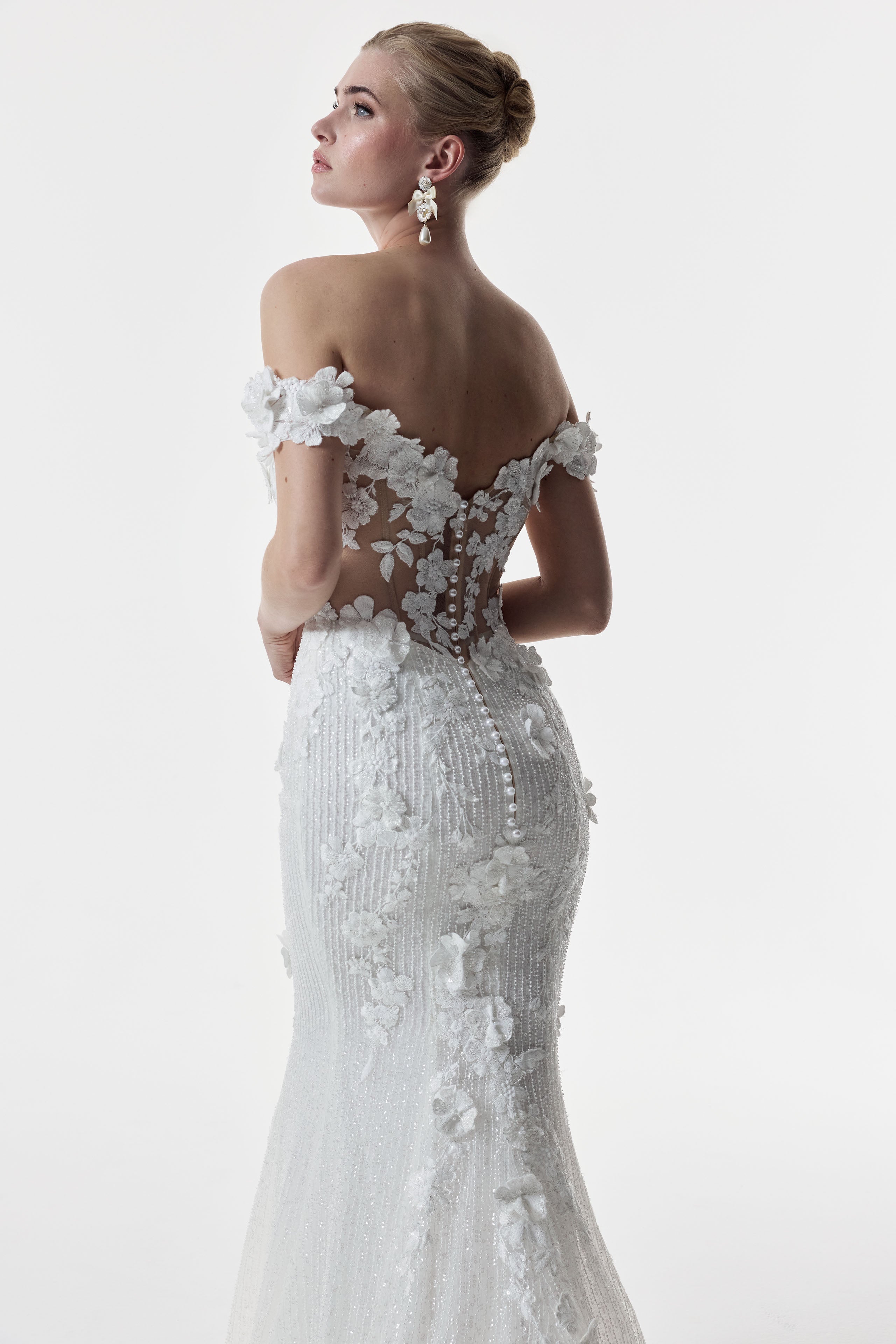 bardot neckline dropped straps beaded tulle & metallic embroidery lace appliqué fitted sheath dress