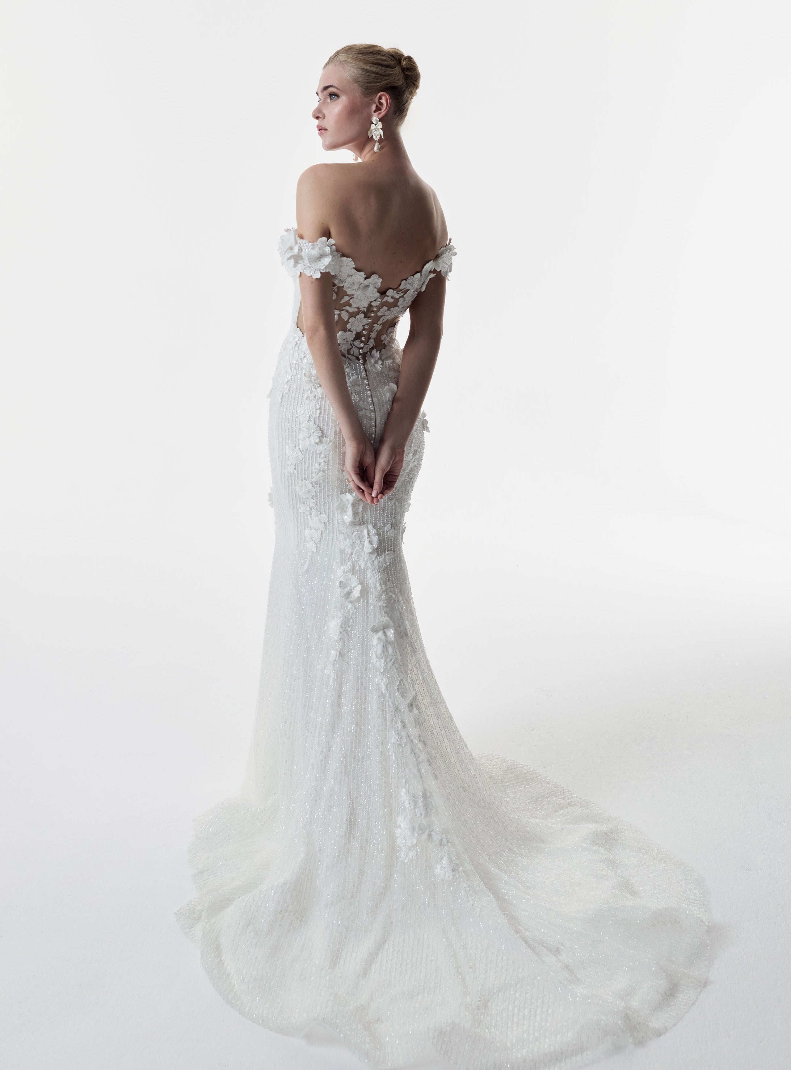 bardot neckline dropped straps beaded tulle & metallic embroidery lace appliqué fitted sheath dress with shear illusion back and pearl buttons