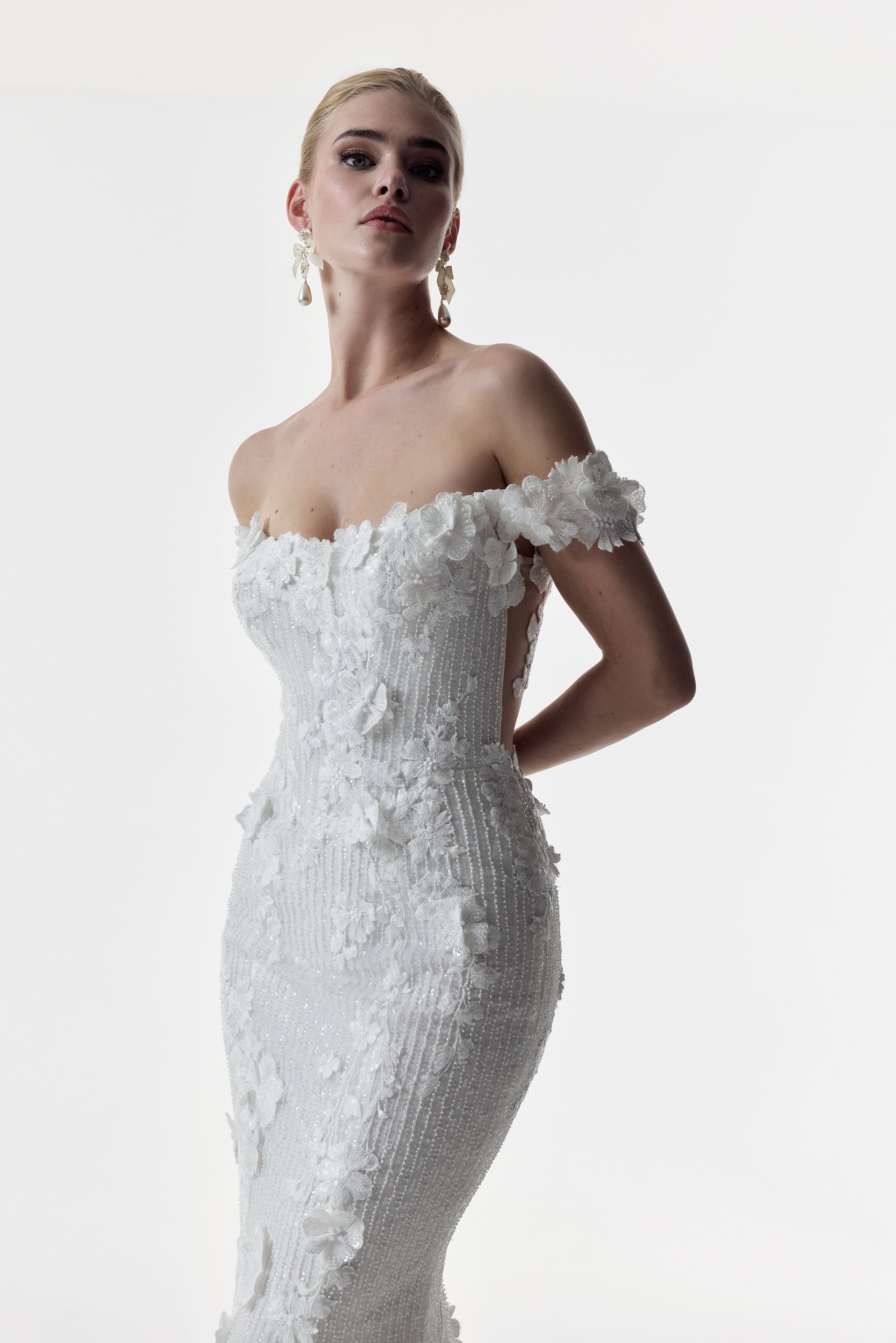 floral bardot neckline dropped straps beaded tulle & metallic embroidery lace appliqué fitted sheath dress with illusion