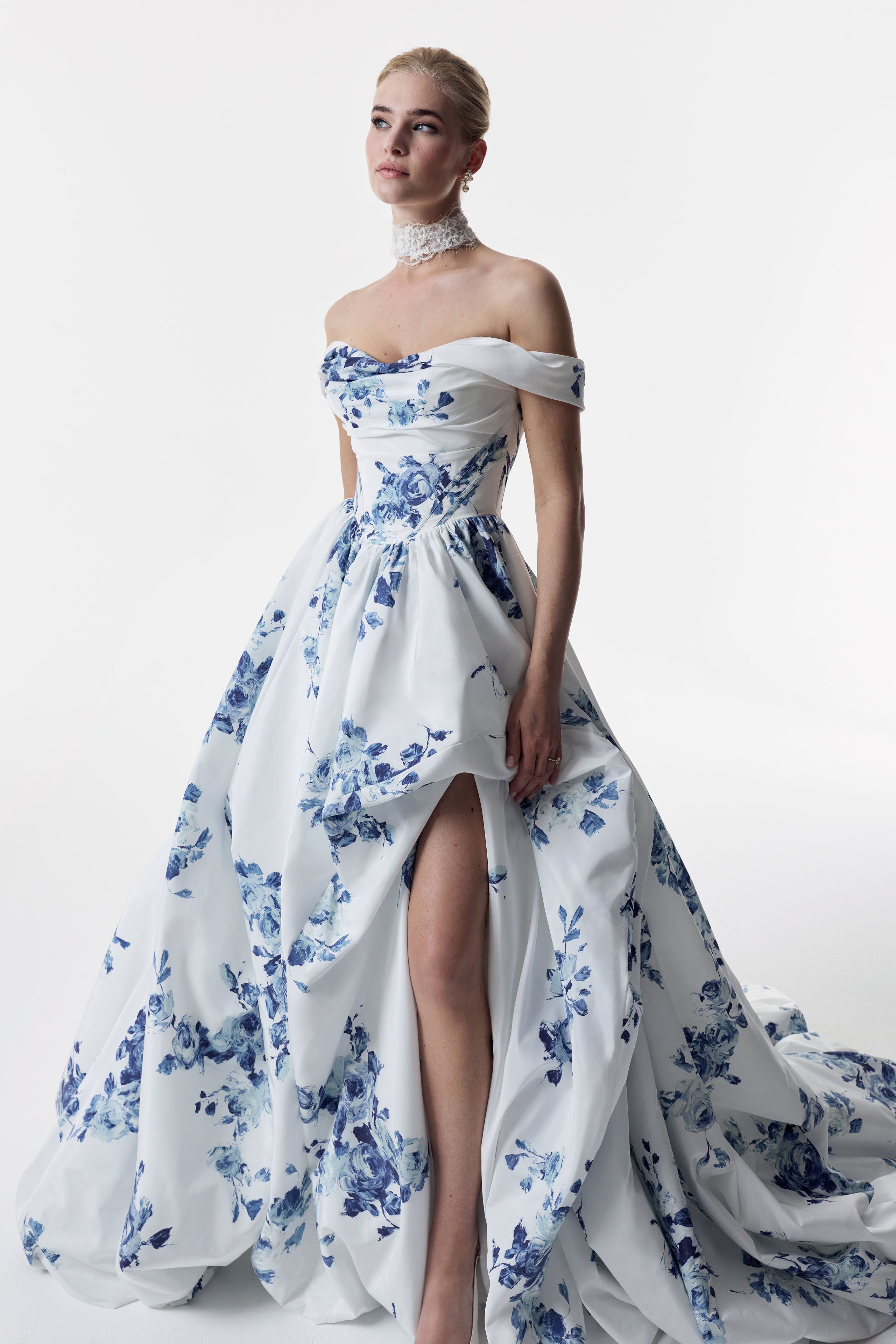 classic ivory and topaz floral print bardot neckline and corset basque waist and ruched pick-up skirt leg slit detailing