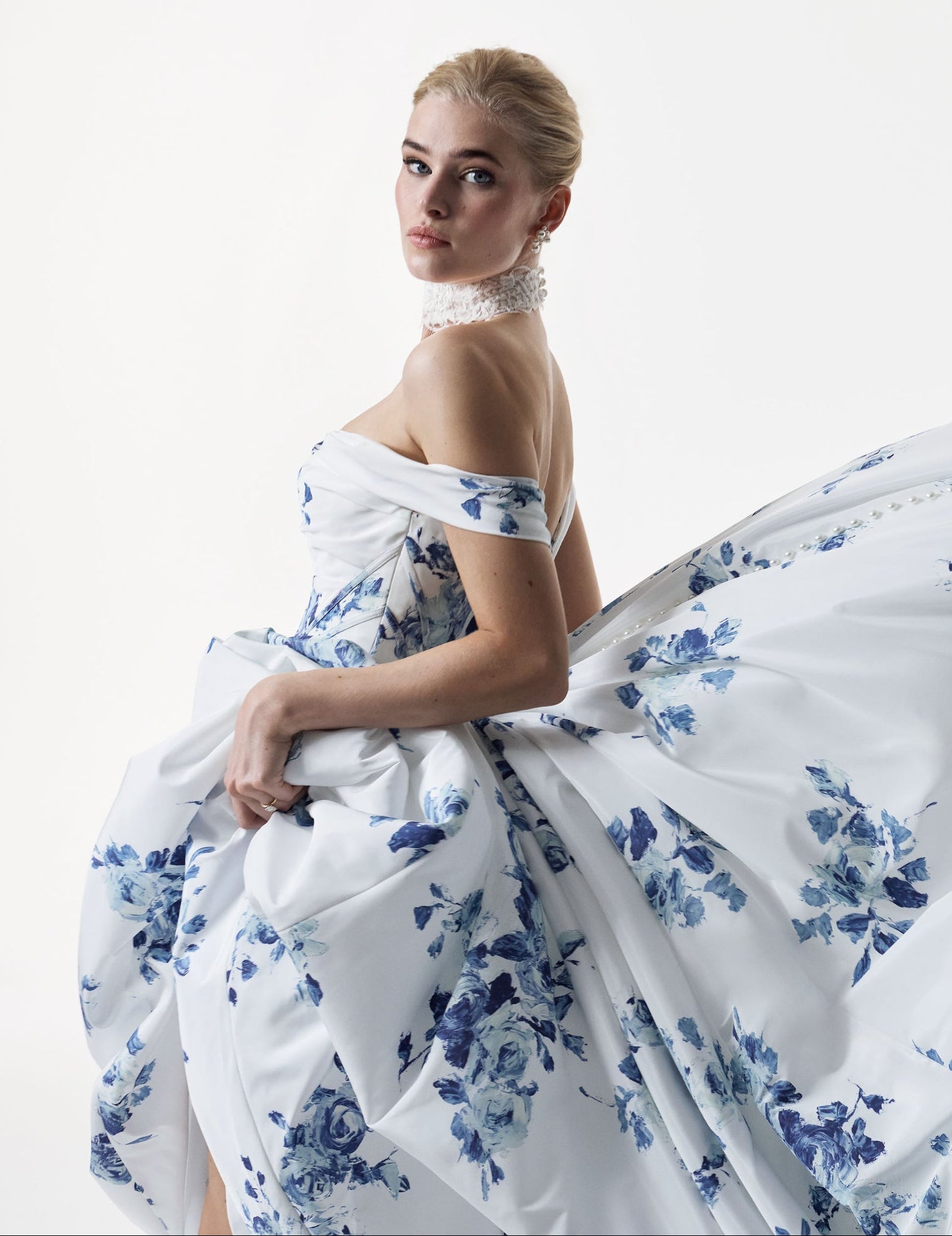 classic ivory and topaz floral print bardot neckline and corset basque waist and ruched pick-up skirt leg slit detailing