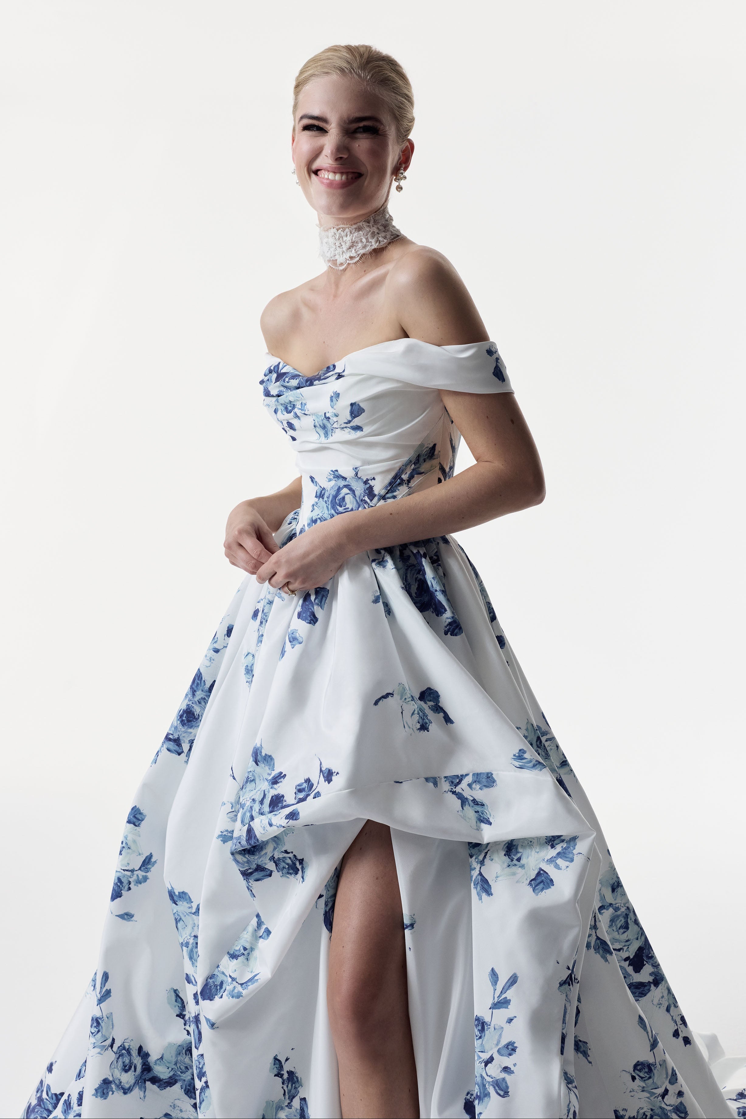 classic ivory and topaz floral print bardot neckline and corset basque waist and ruched pick-up skirt leg slit detailing