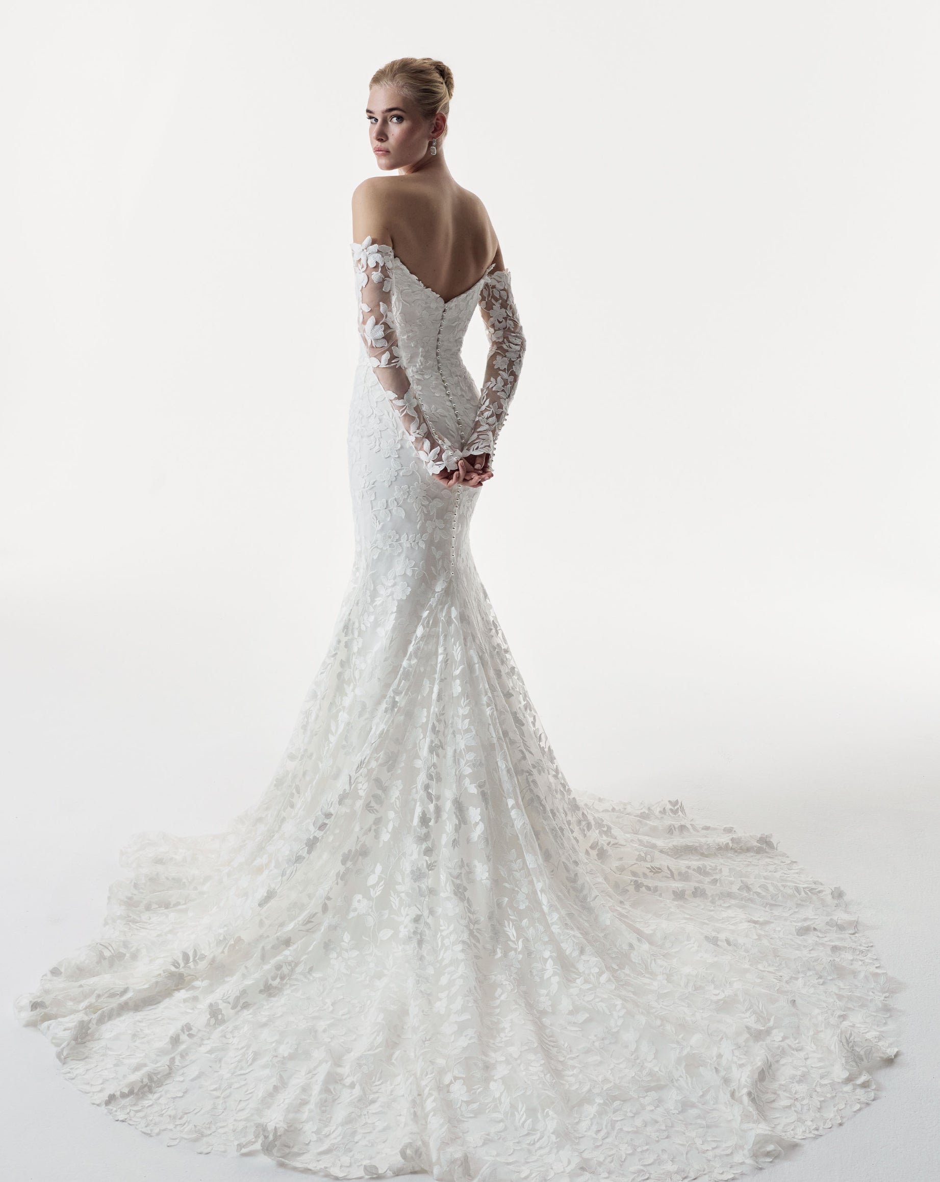 strapless sweetheart neckline fitted sheath dress leaf lace emrbroidery applique layered over delicate Chantilly lace with pearl buttons and matching lace sleeves