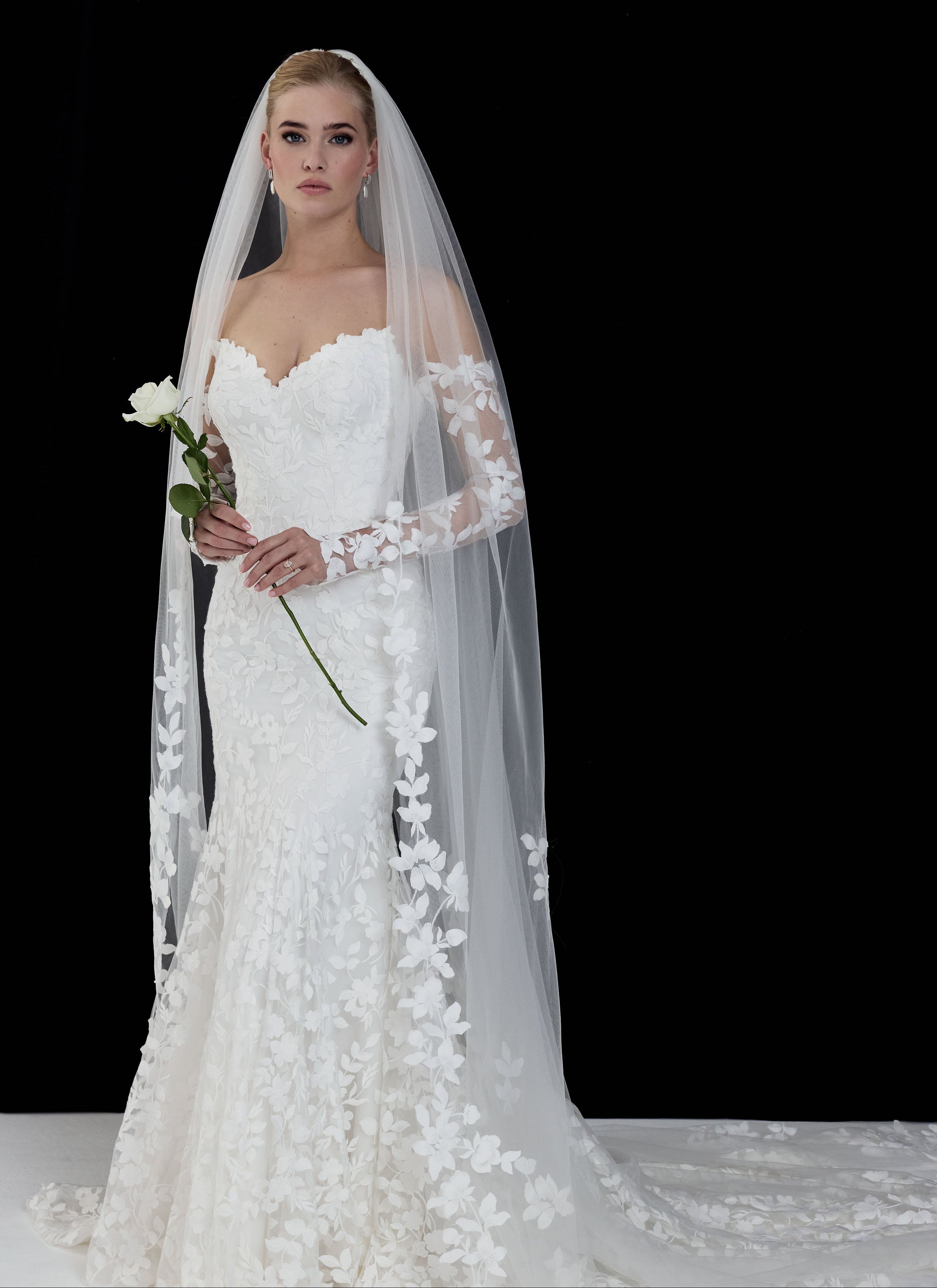 strapless sweetheart neckline fitted sheath dress leaf lace emrbroidery applique layered over delicate Chantilly lace with matching lace sleeves and single tier wedding lace