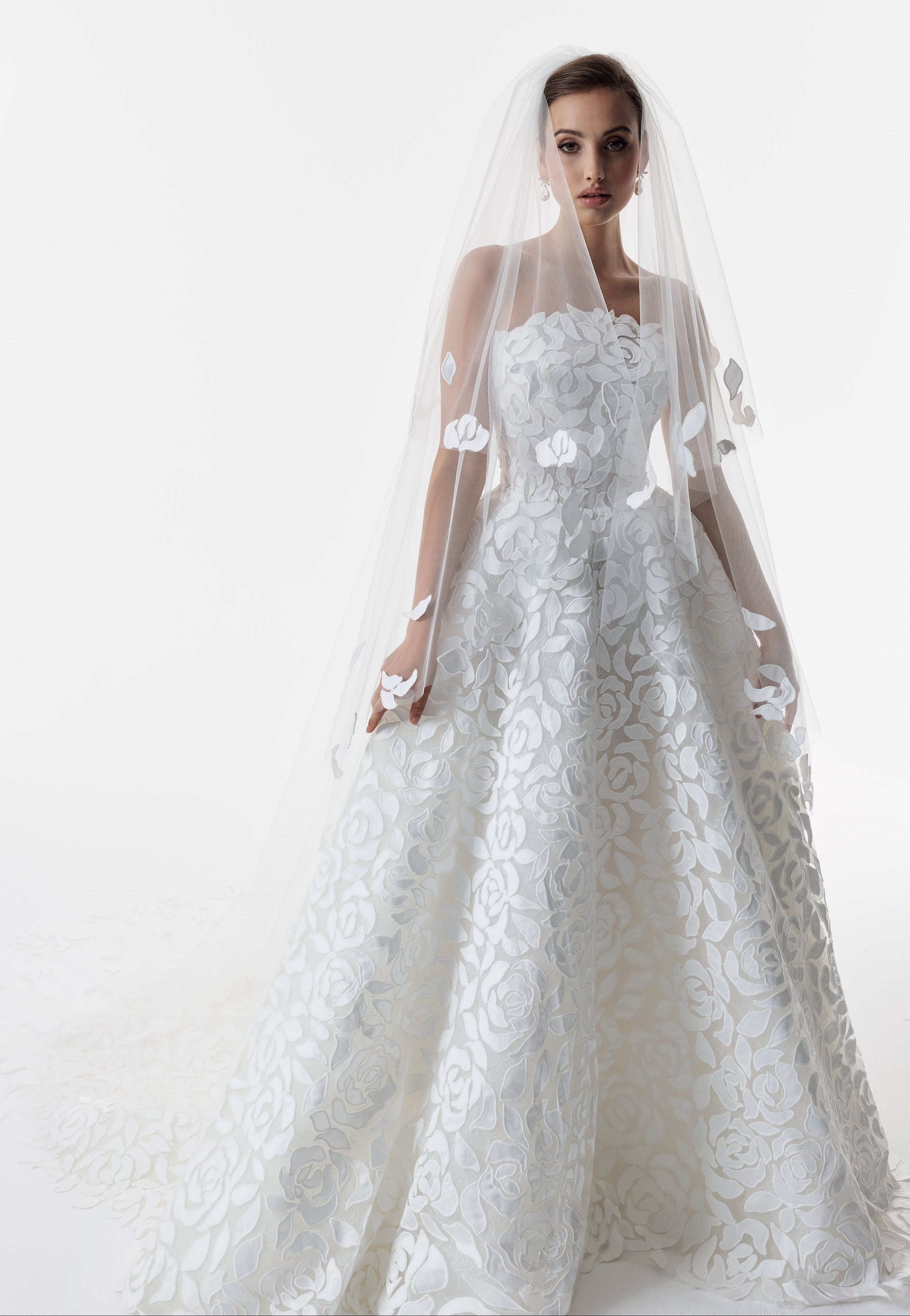 strapless laser-cut rose applique overlay soft Chantilly lace A-line dress with matching double tier wedding veil