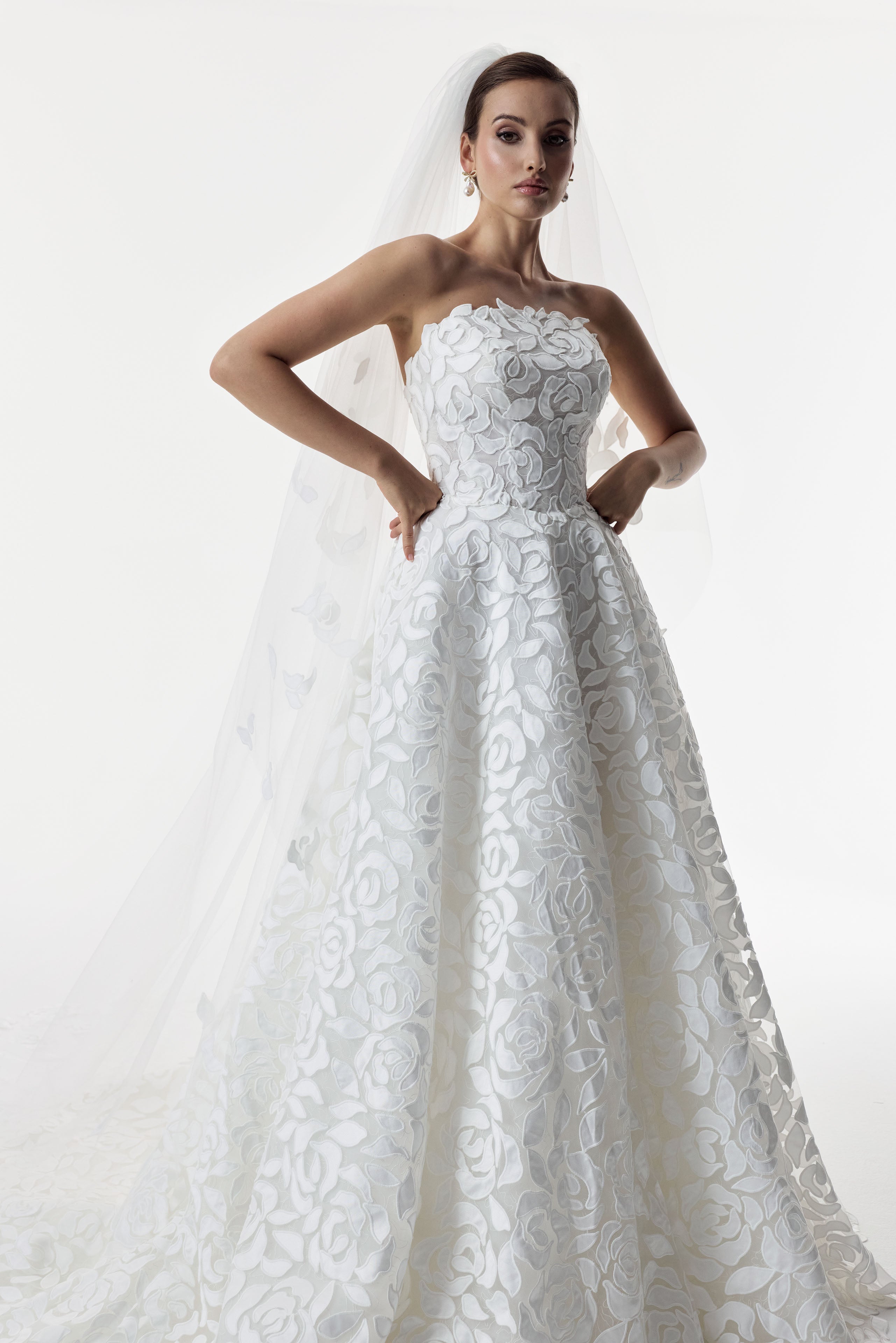 strapless laser-cut rose applique overlay soft Chantilly lace A-line dress with matching double tier wedding veil