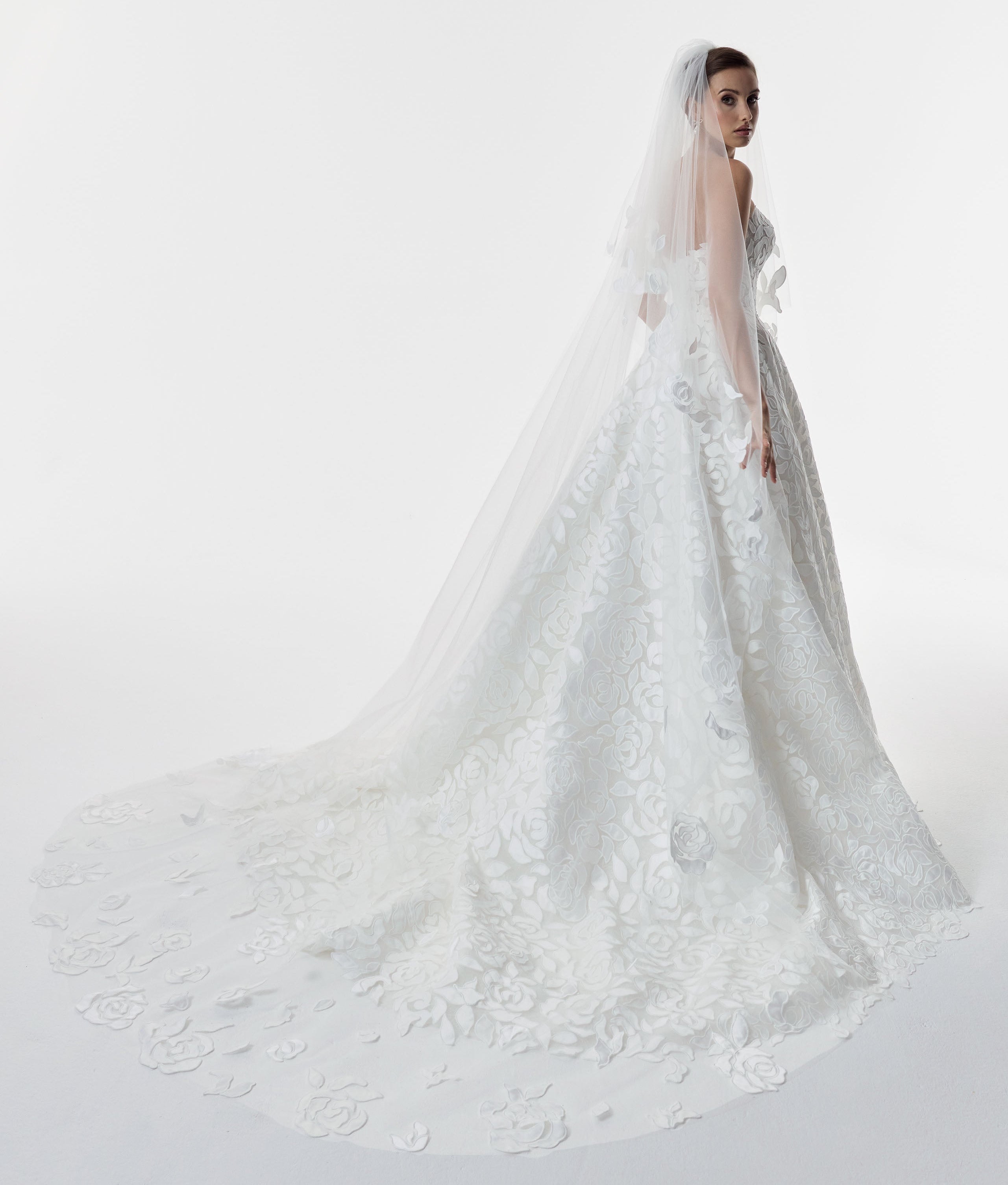 strapless laser-cut rose applique overlay soft Chantilly lace A-line dress with matching double tier wedding veil