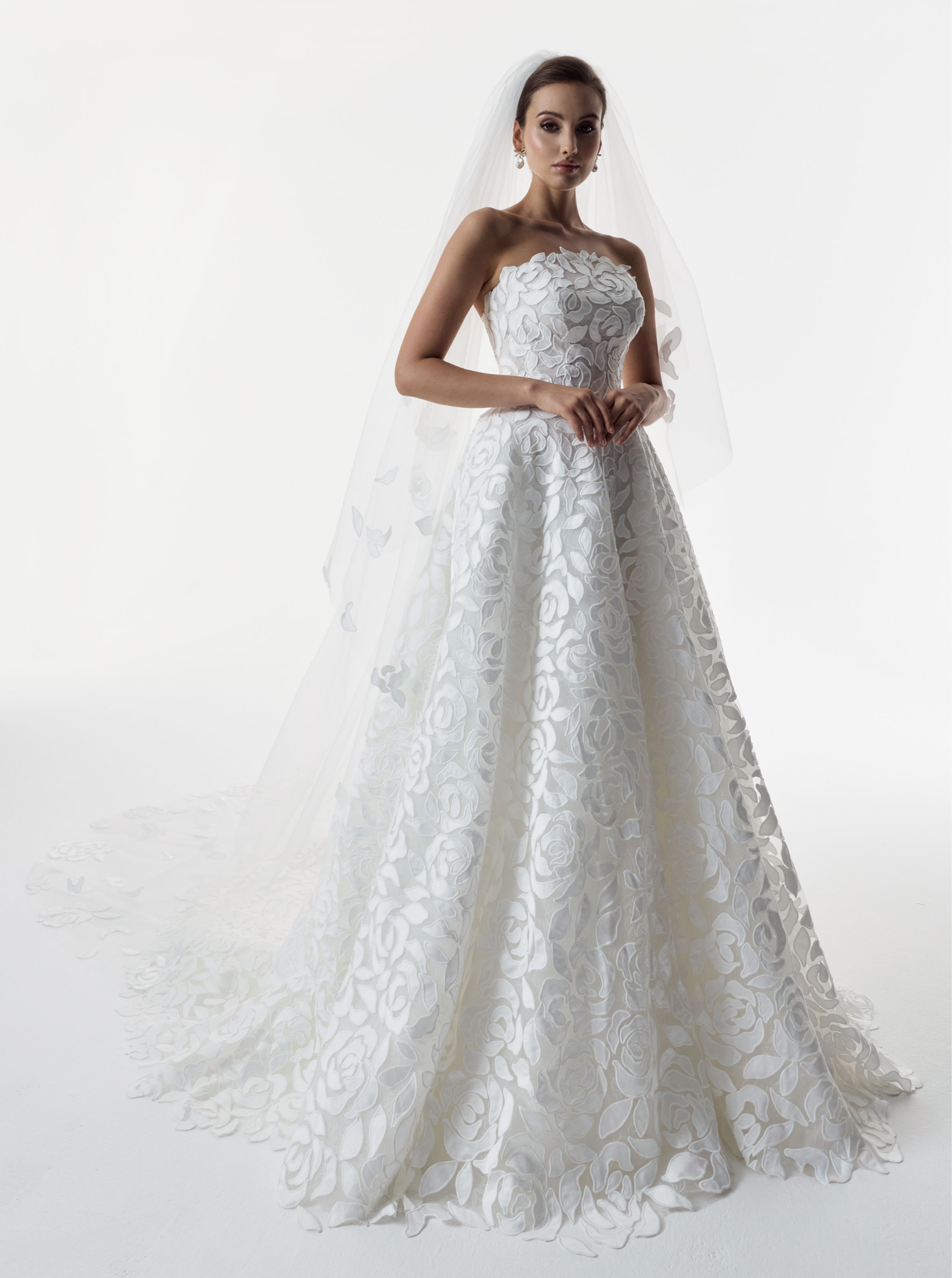 strapless laser-cut rose applique overlay soft Chantilly lace A-line dress with matching double tier wedding veil