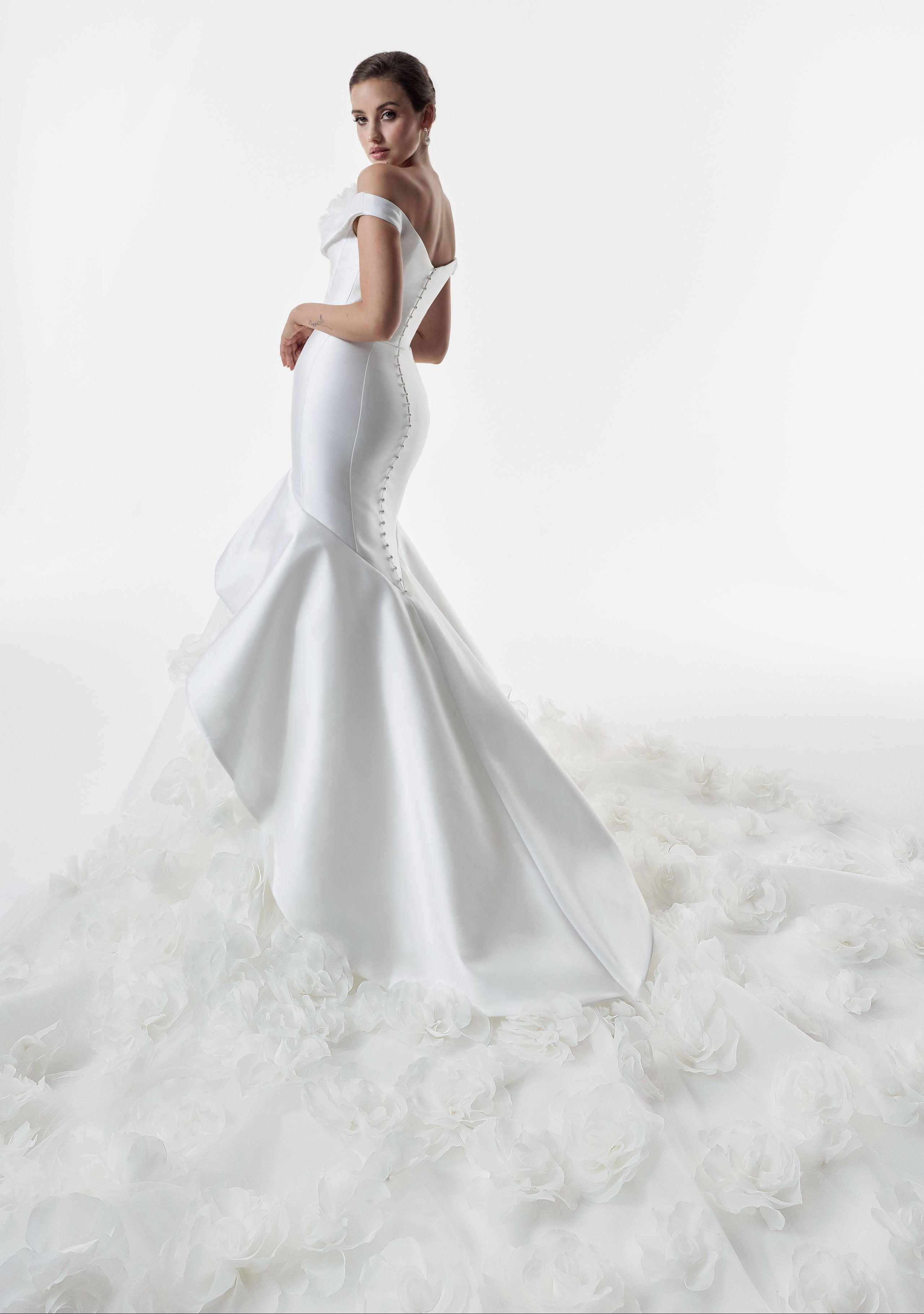 bardot neckline Mikado and tulle 3d floral applique fit and flare 