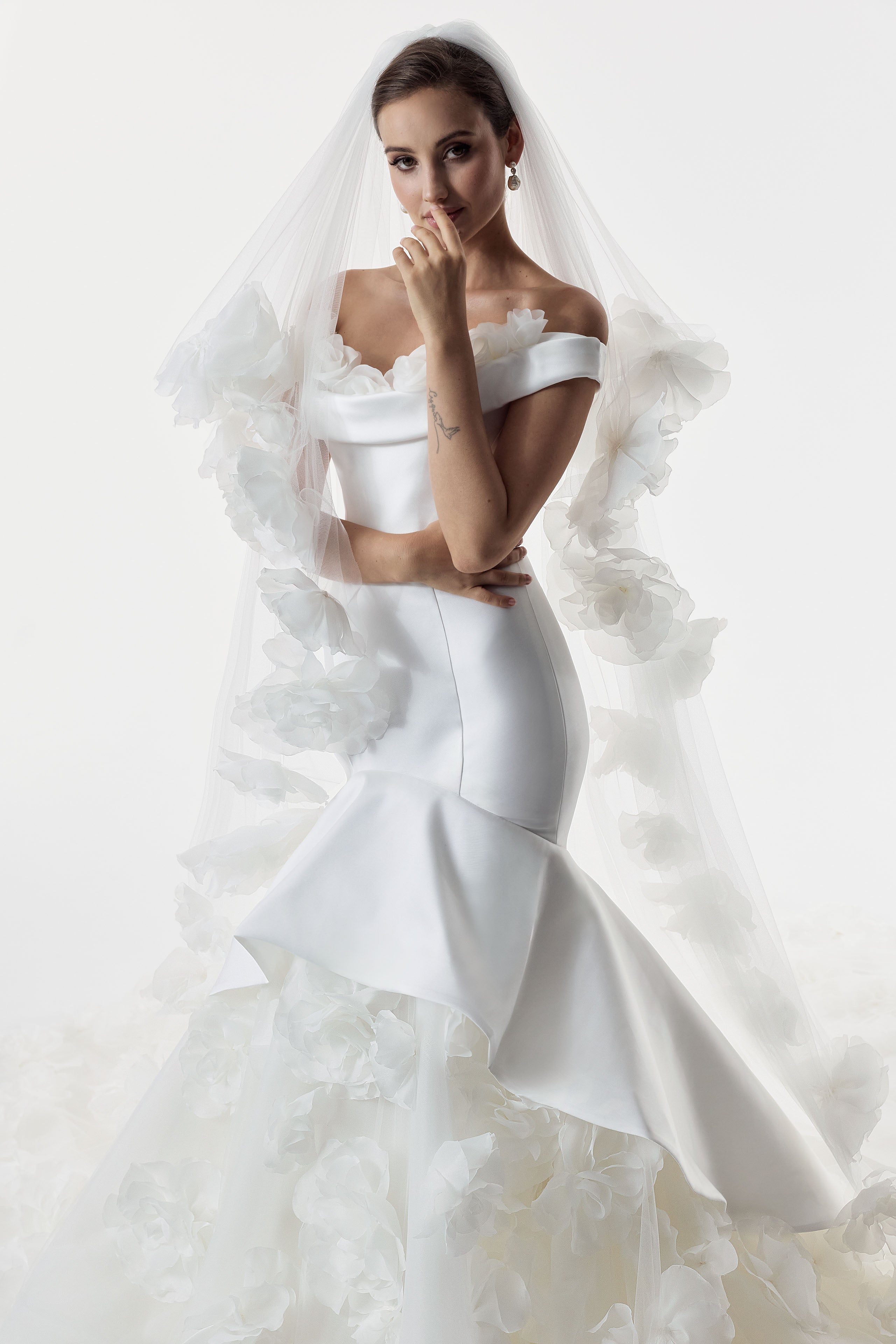 bardot neckline Mikado and tulle 3d floral applique fit and flare dress with matching 3d flower veil