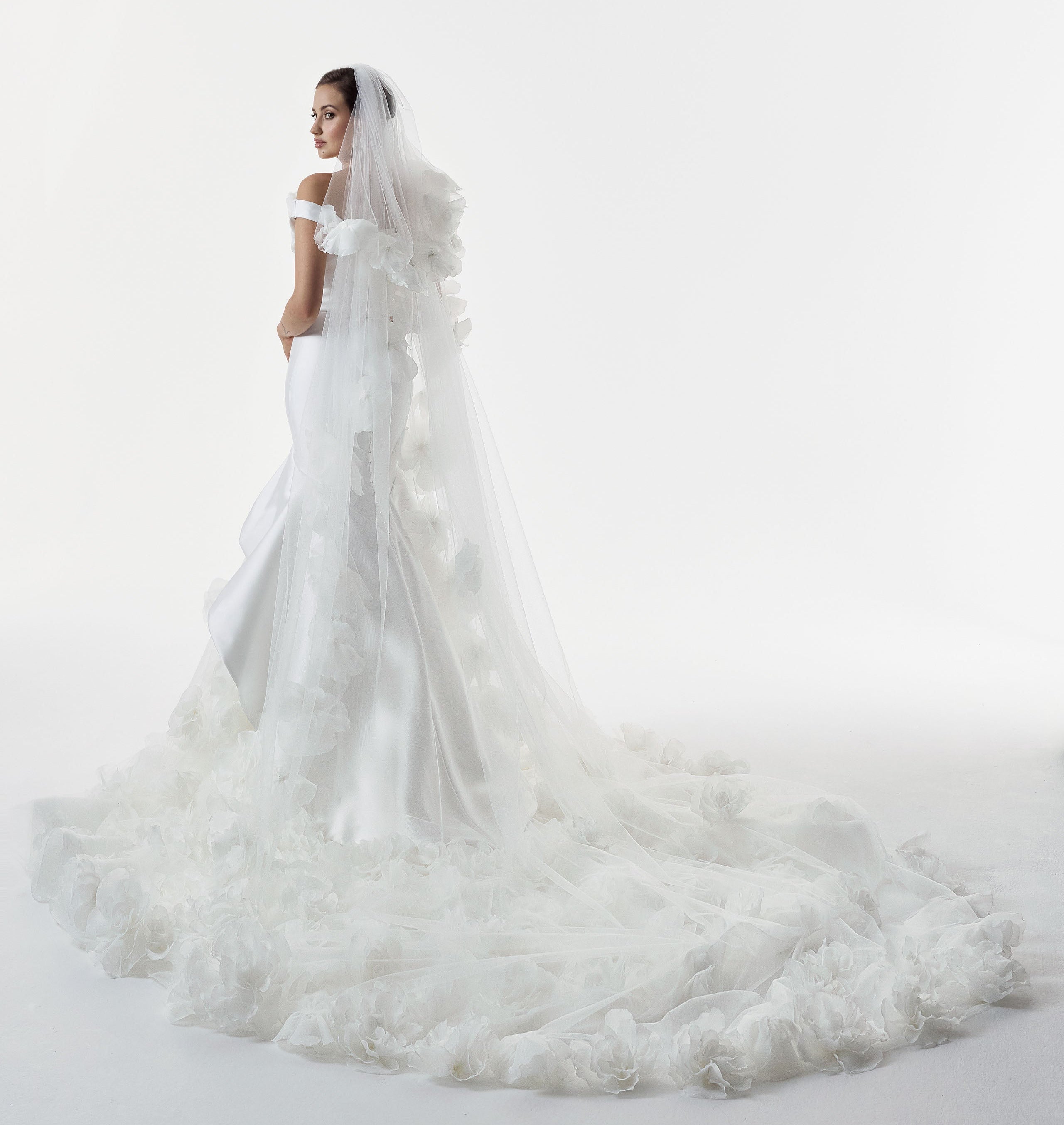 bardot neckline Mikado and tulle 3d floral applique fit and flare dress with matching 3d flower wedding veil