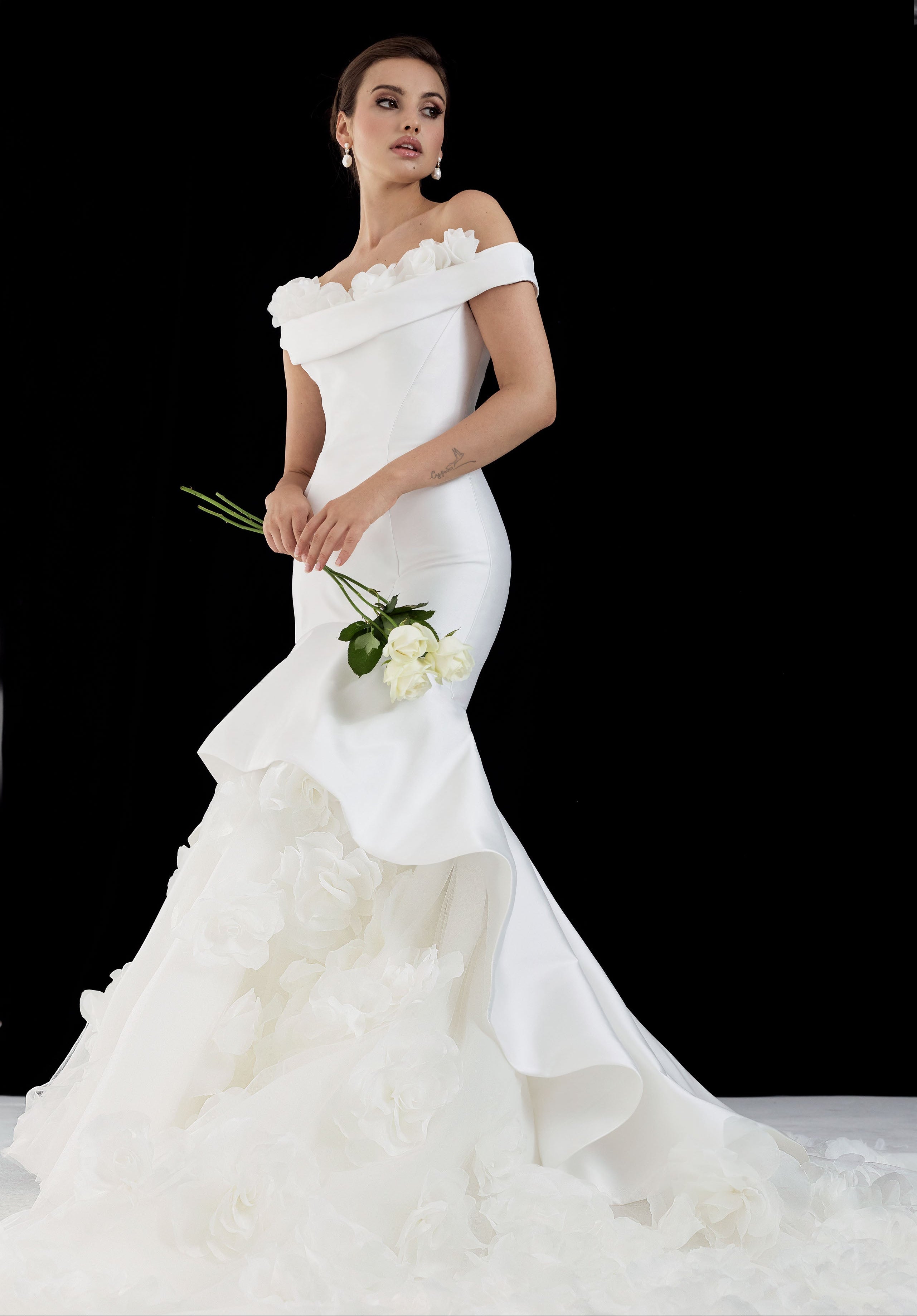 bardot neckline Mikado and tulle 3d floral applique fit and flare dress