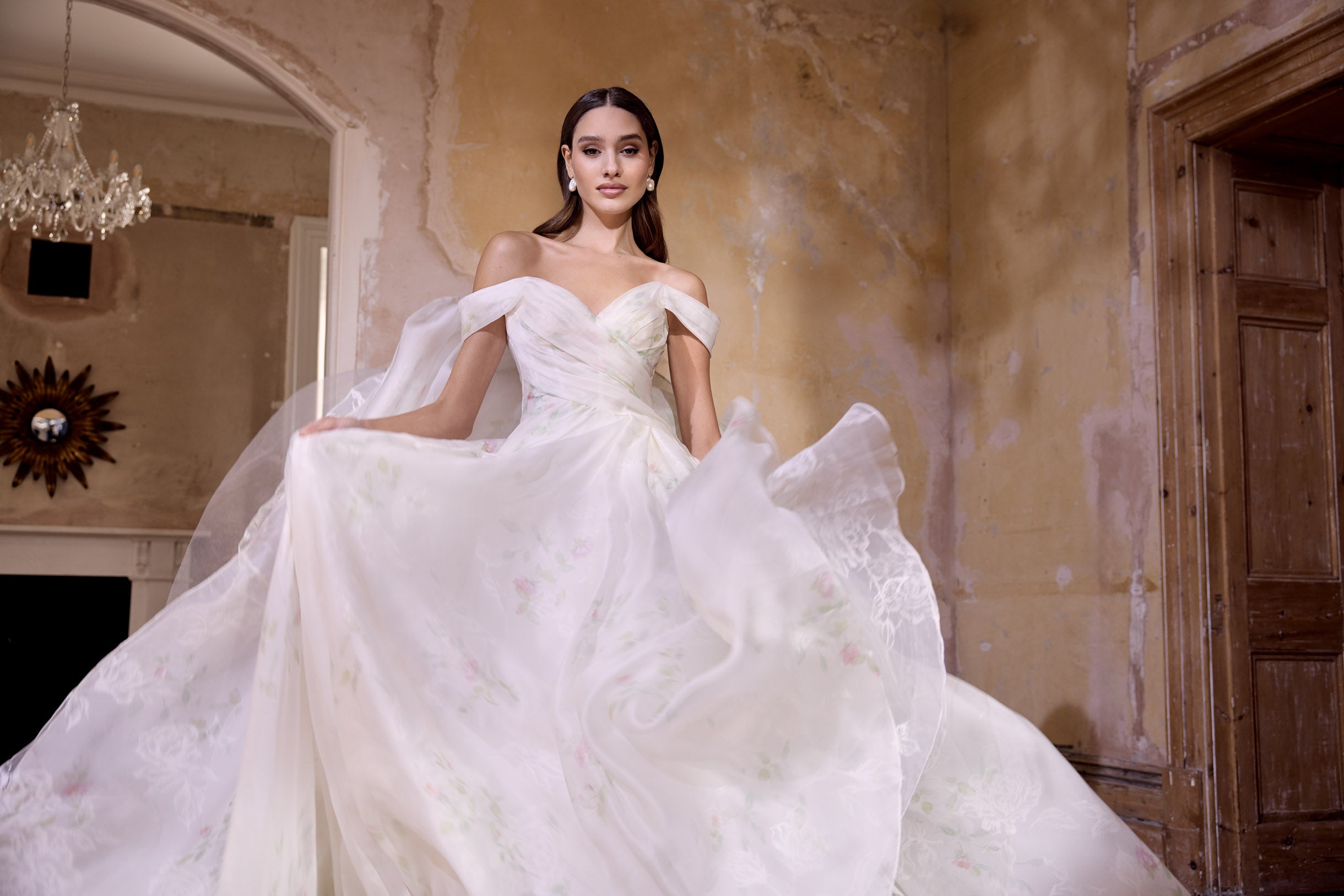 off the shoulder neckline rose print silk organza embossed organza full A-line silhouette with optional bow