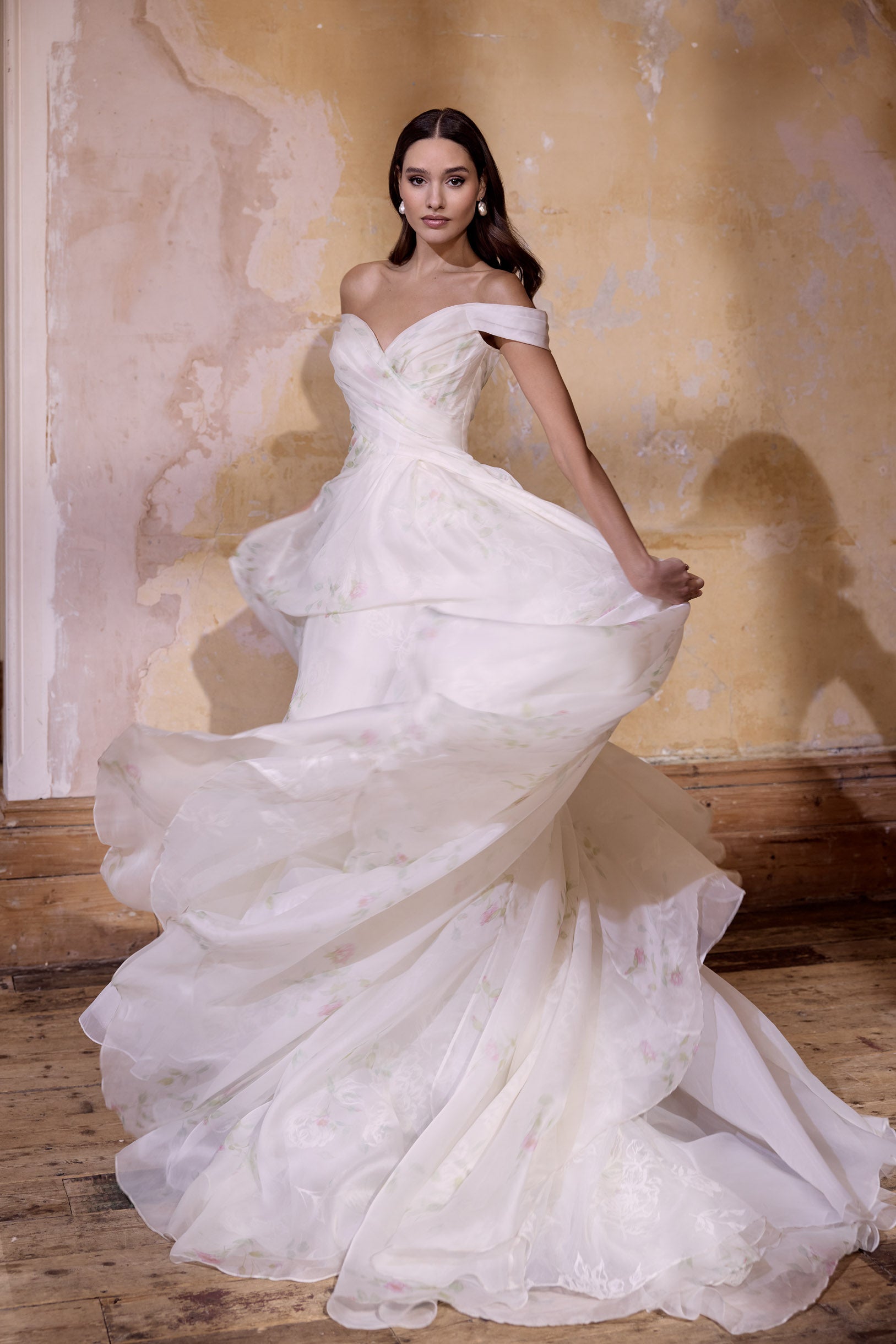 off the shoulder neckline rose print silk organza embossed organza full A-line silhouette with optional bow