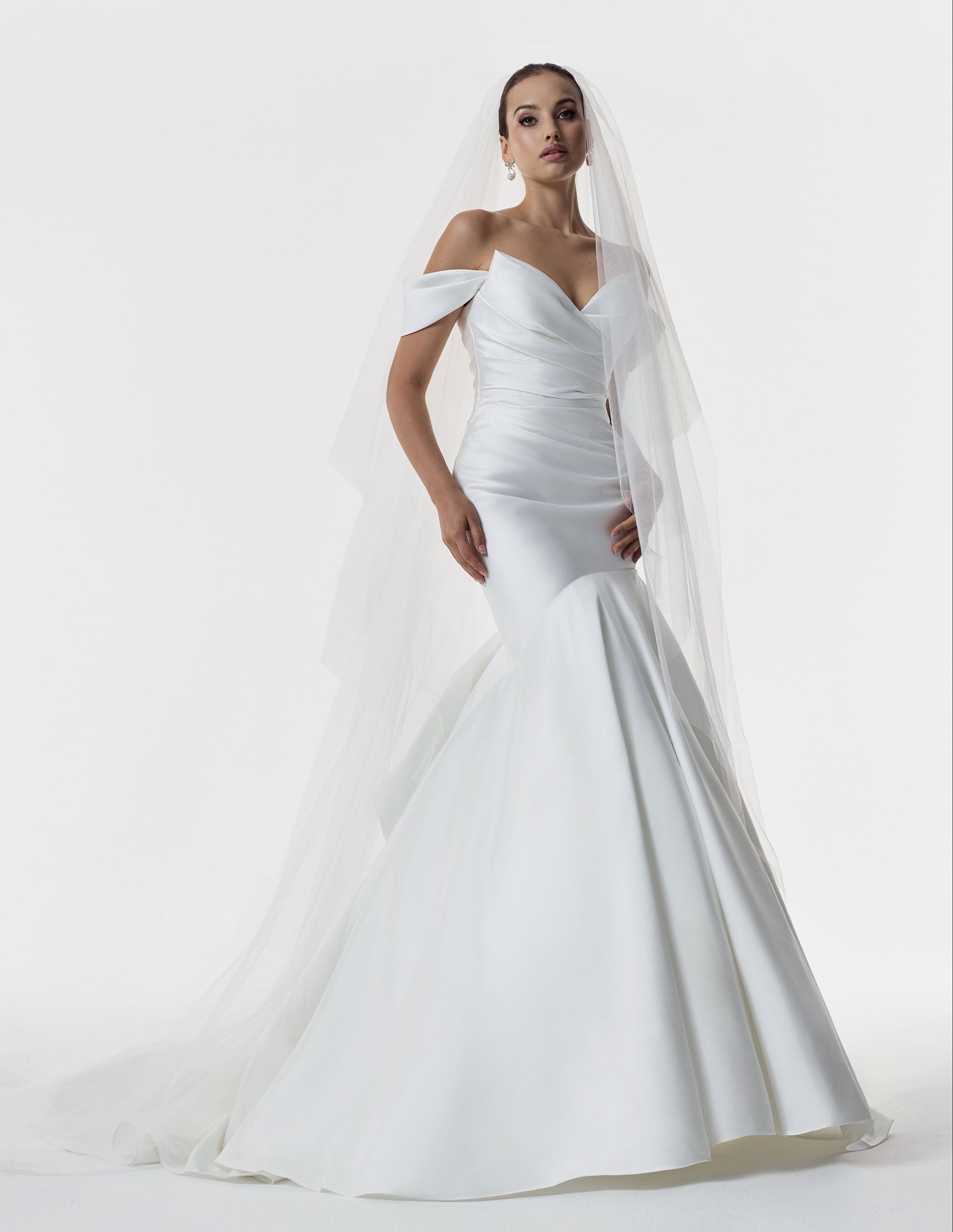 cat eye sweetheart neckline with dropped straps and Mikado pleated fitted mermaid dress