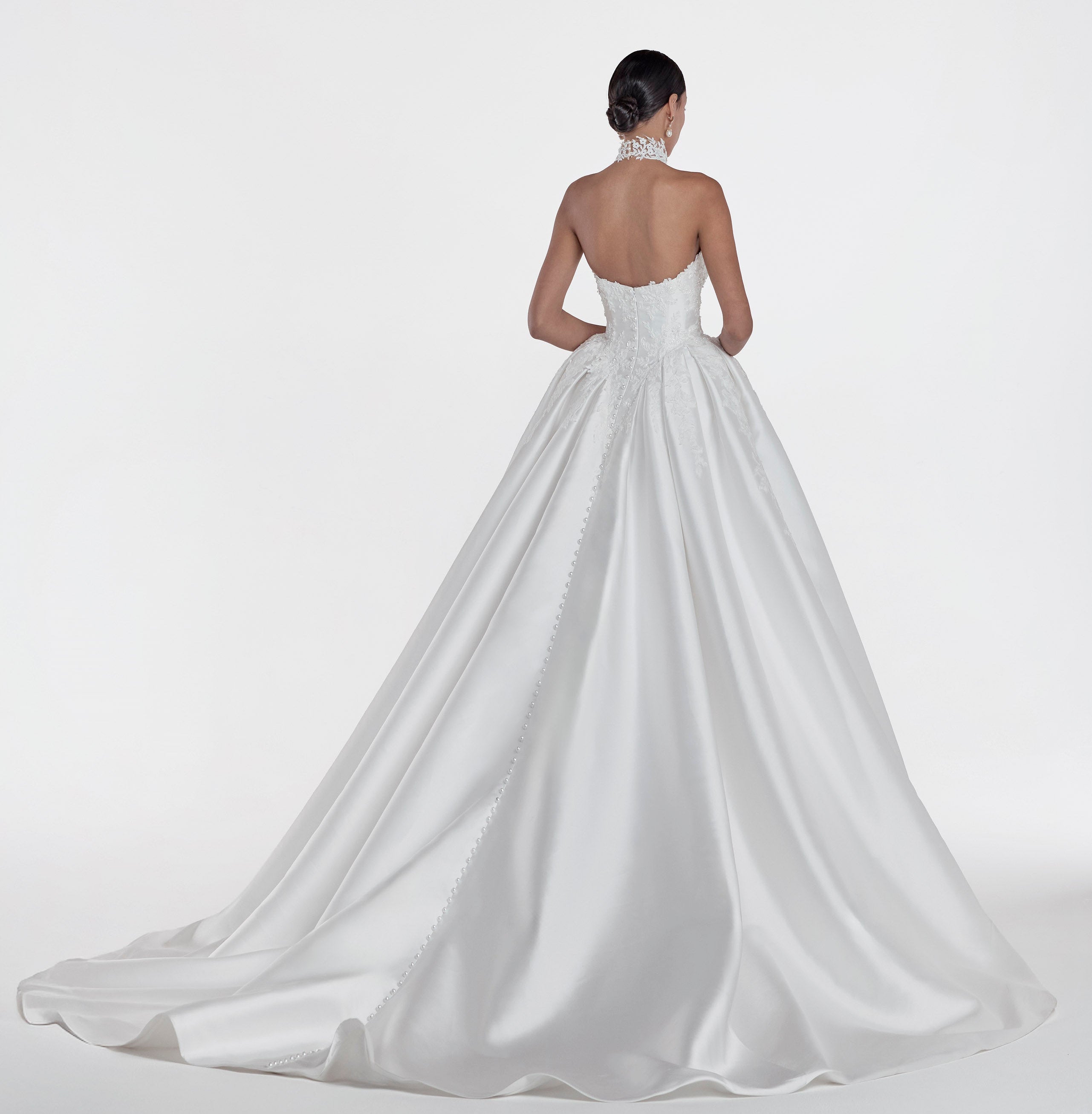 strapless scoop neckline corset basque waist bodice with embellished lace applique with ballgown A-line skirt with choker and pearl buttons