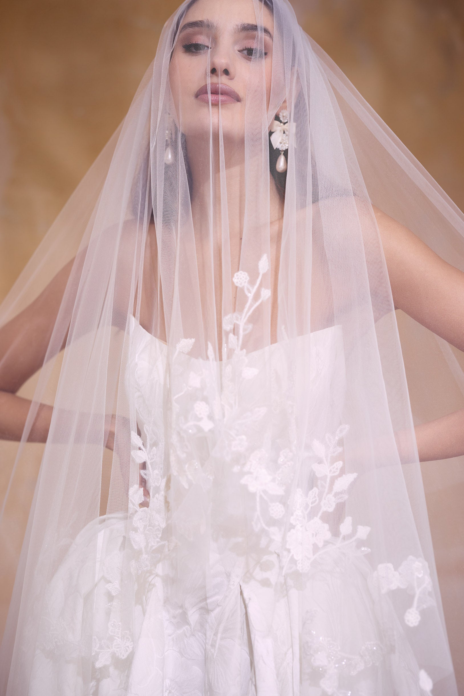 strapless scoop neckline embossed jacquard ballgown silhouette with dramatic train with lace wedding veil