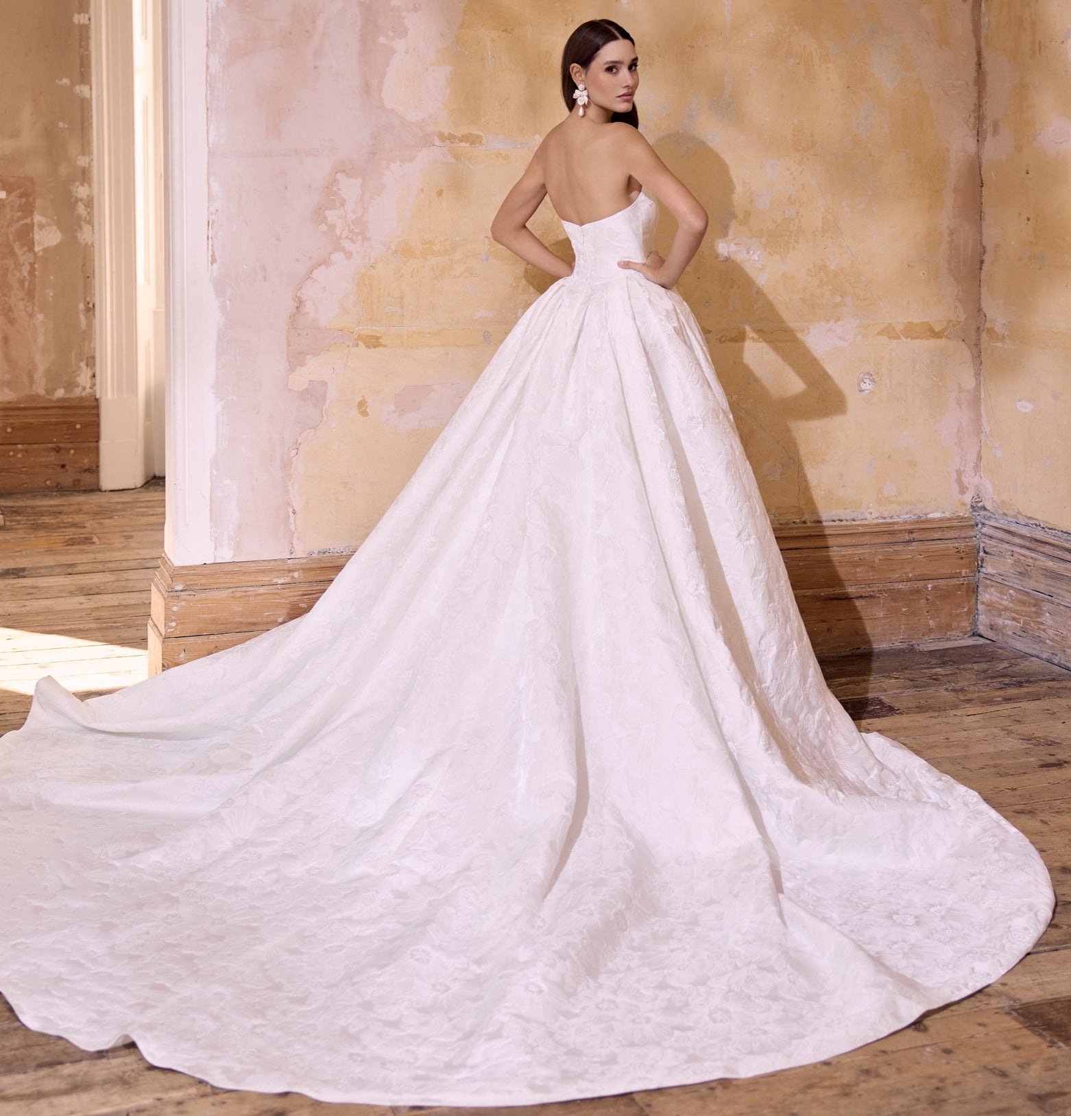 strapless scoop neckline embossed jacquard ballgown silhouette with dramatic train