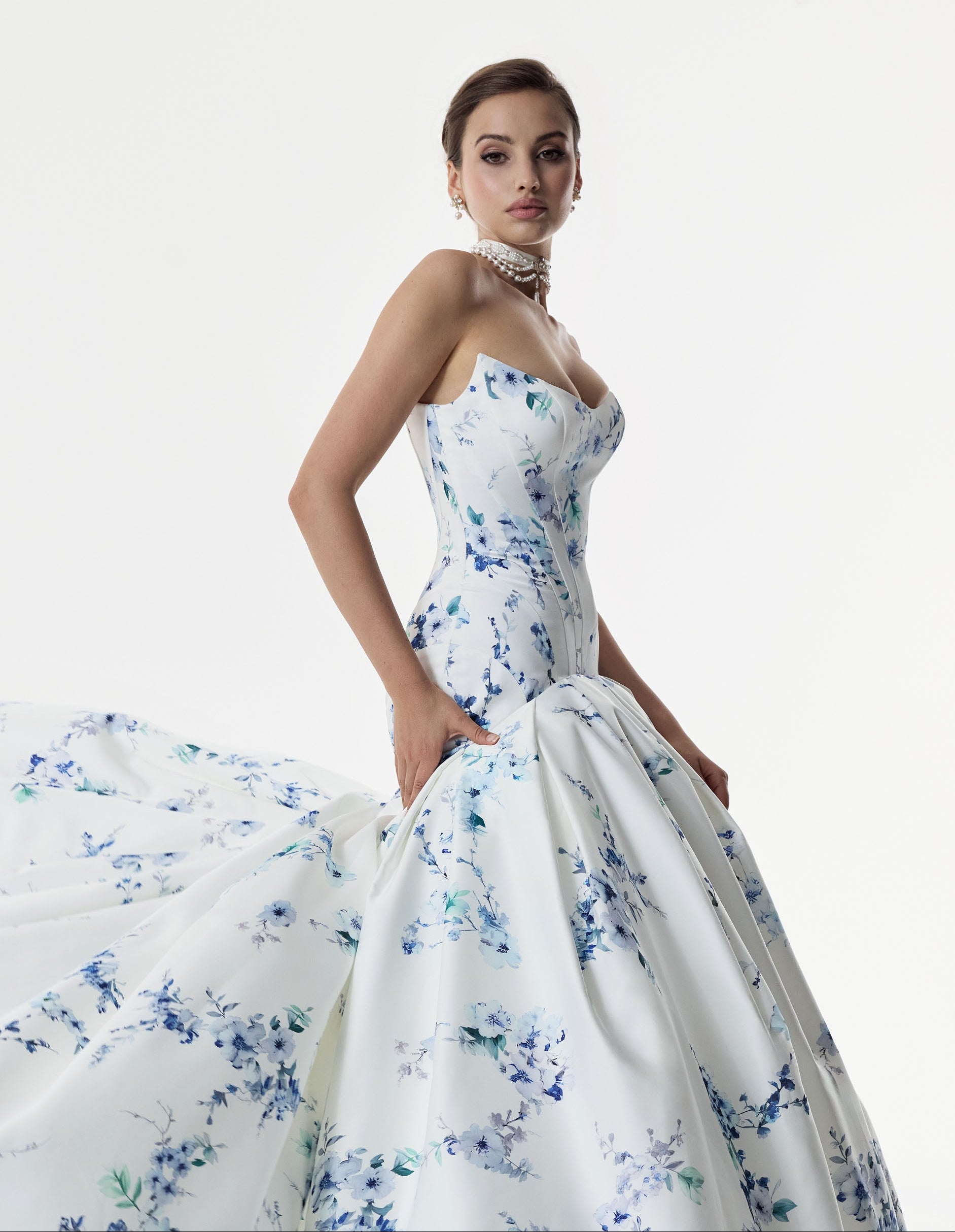 strapless cat eye corset dropped waist ball gown dress in blue topaz floral print