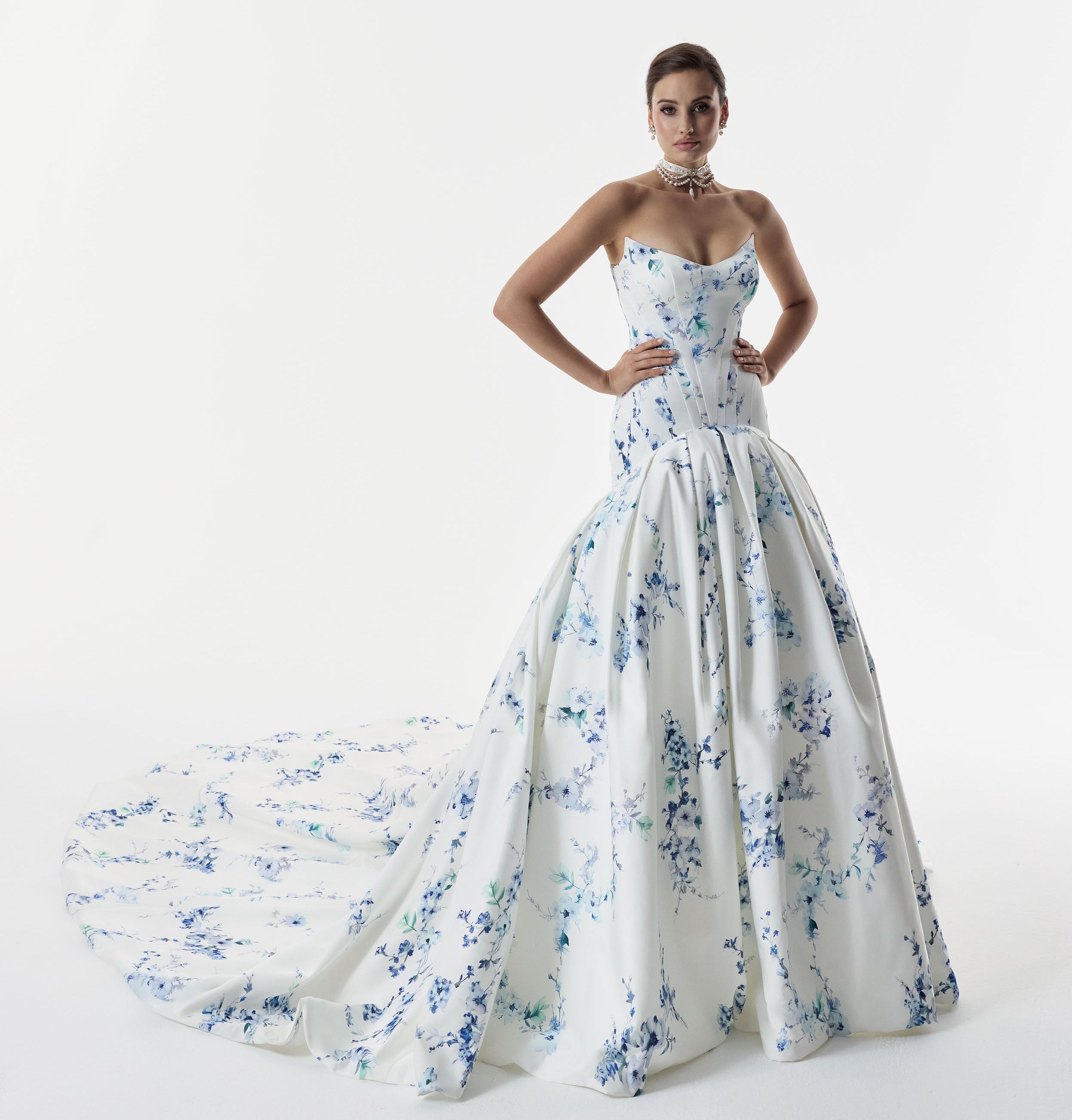 strapless cat eye corset dropped waist ball gown dress in blue topaz floral print