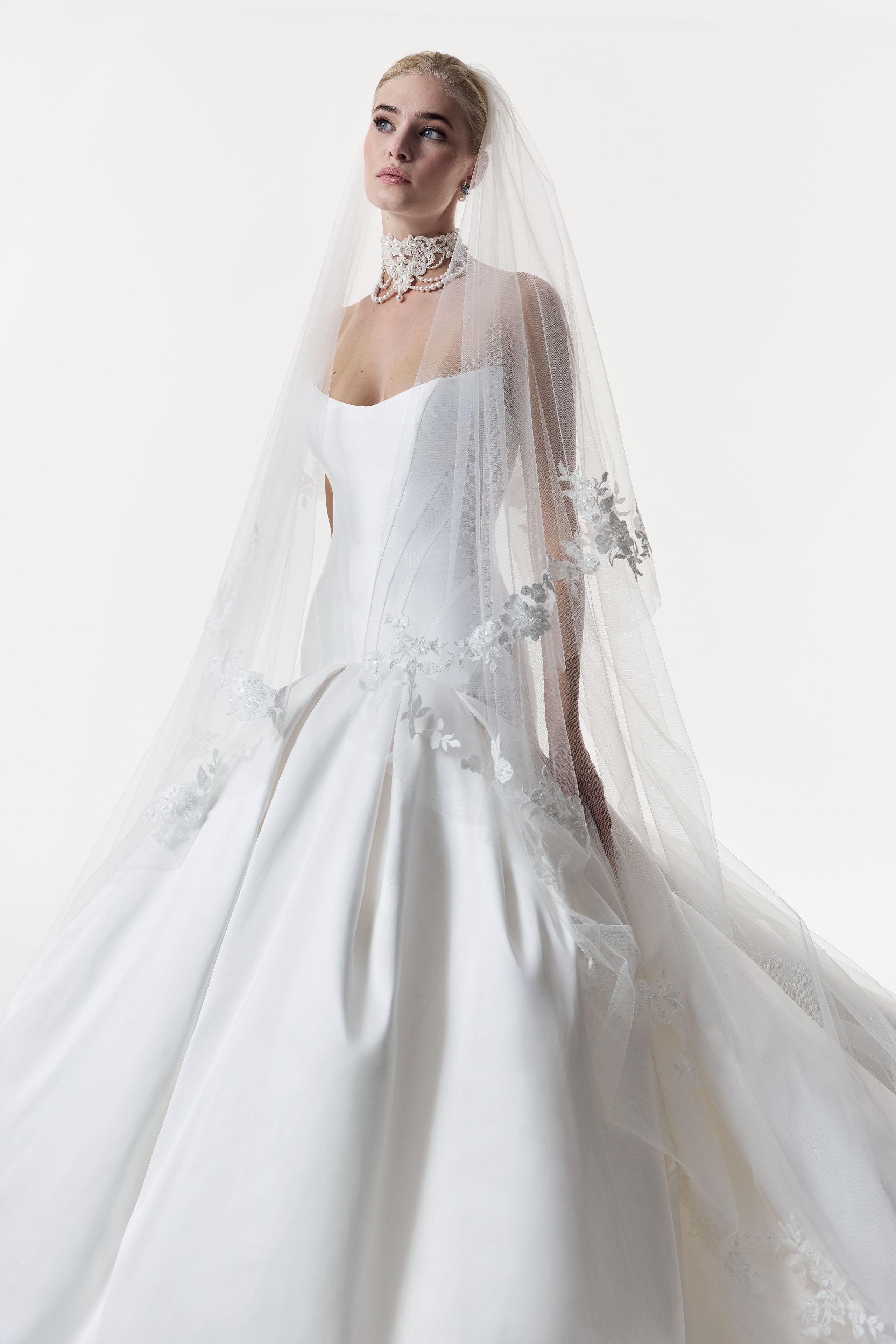 strapless cat eye corset dropped waist ball gown dress with wedding veil and choker