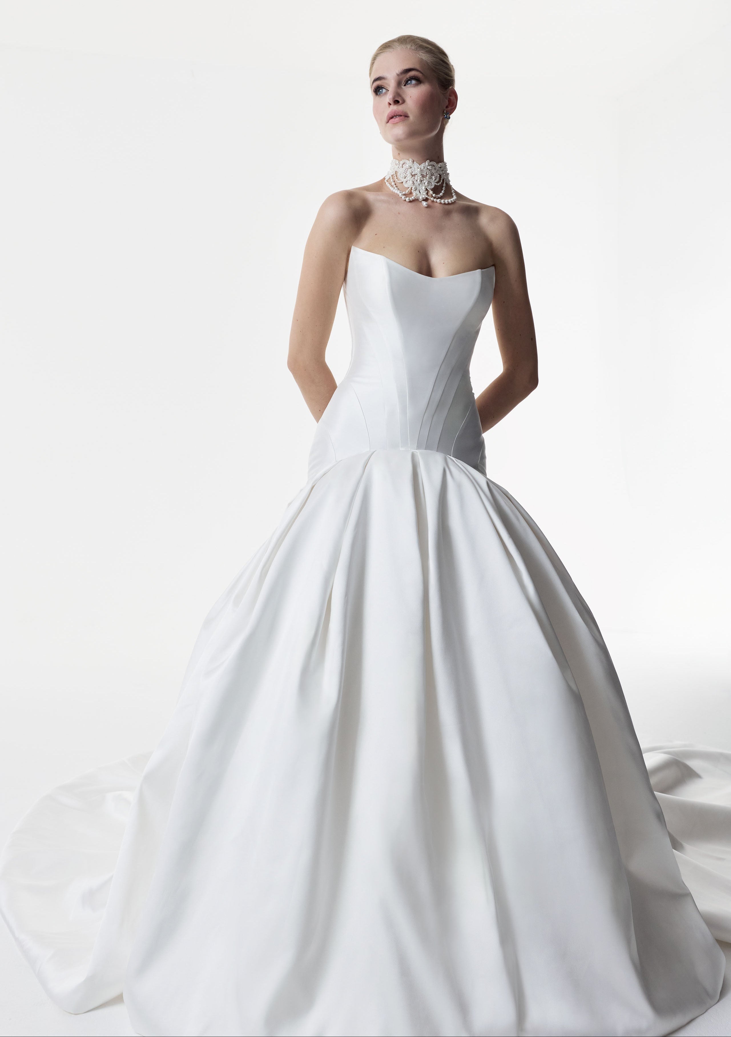 strapless cat eye corset dropped waist ball gown dress with choker