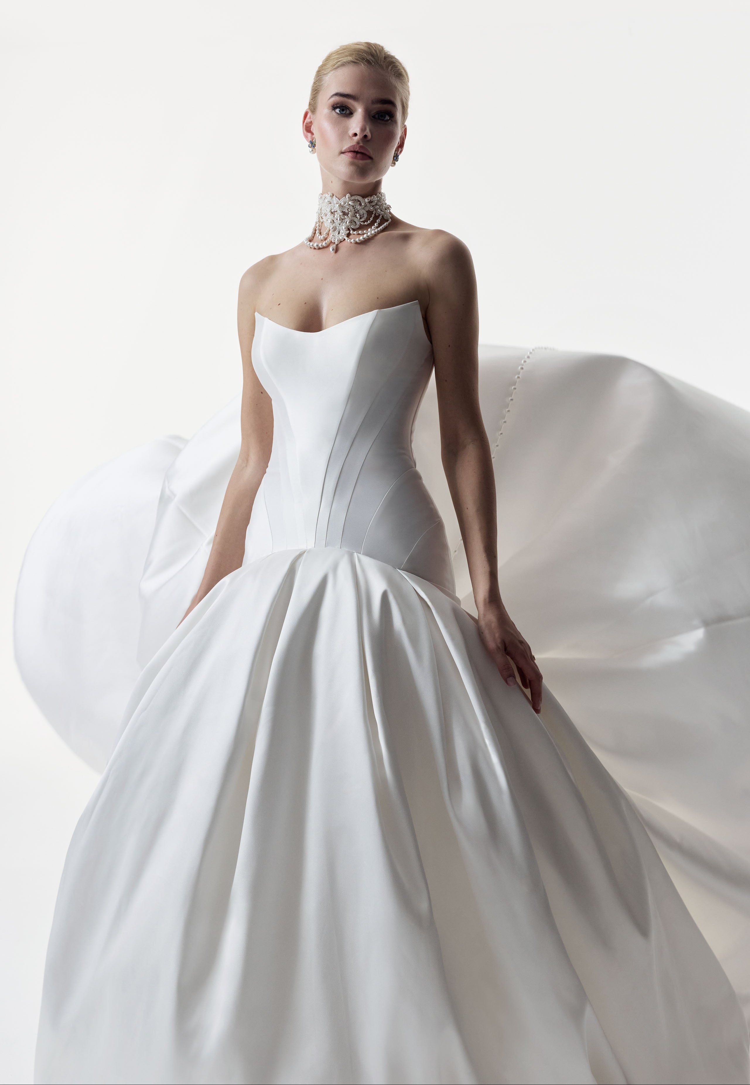 strapless cat eye corset dropped waist ball gown dress with choker