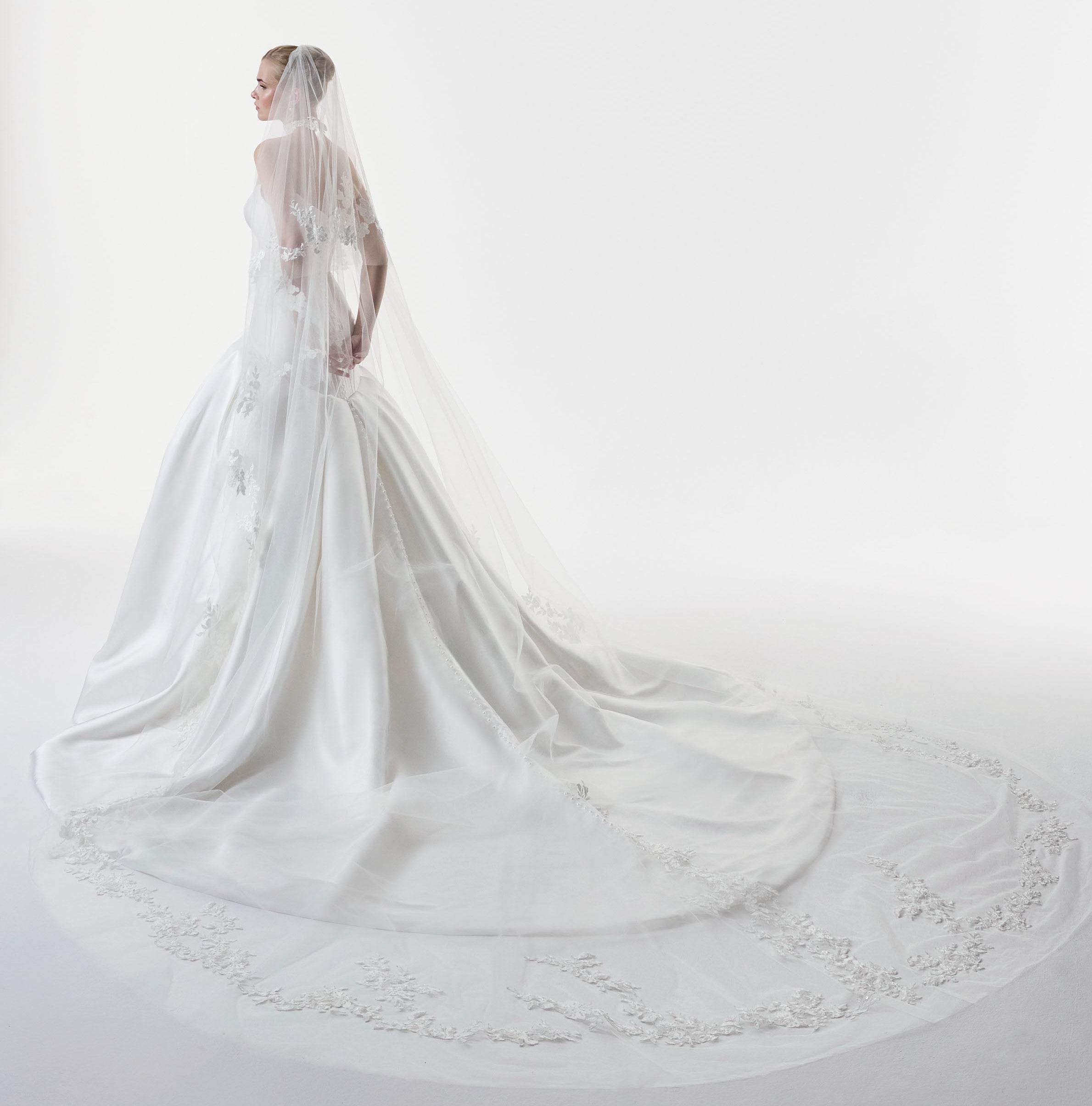 strapless cat eye corset dropped waist ball gown dress with double tier wedding veil