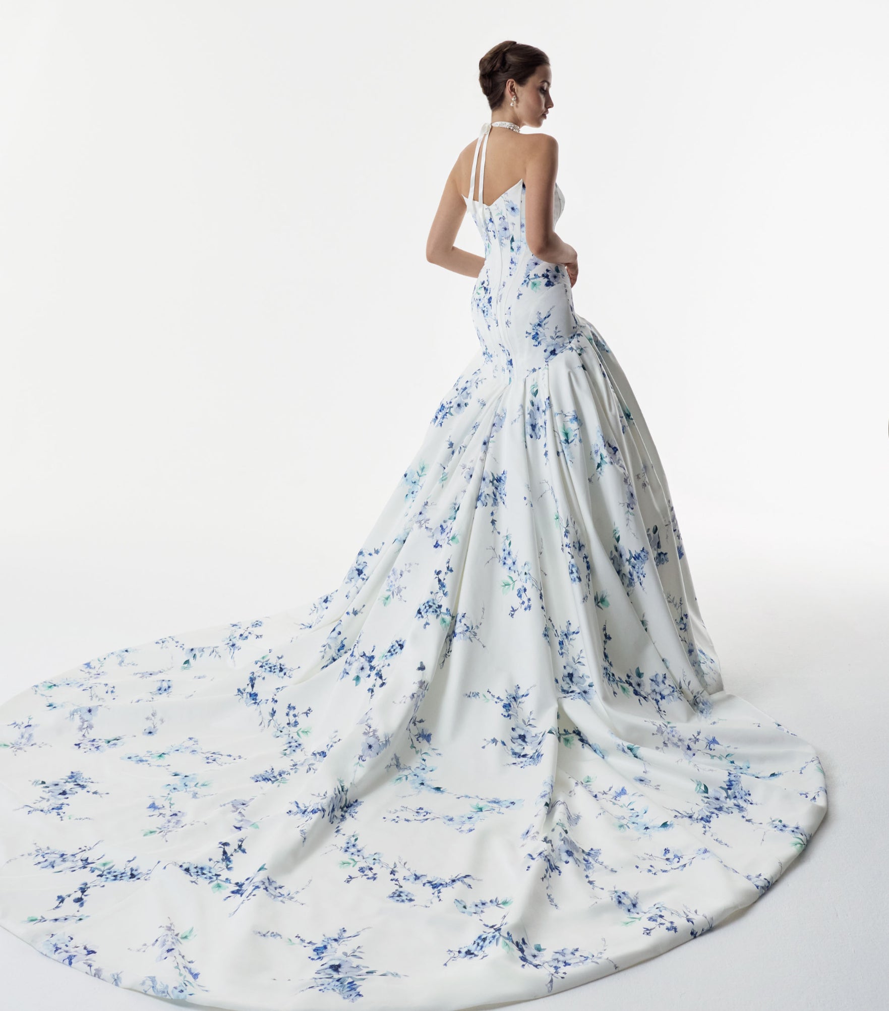 strapless cat eye corset dropped waist ball gown dress in blue topaz floral print with choker and pearl buttons