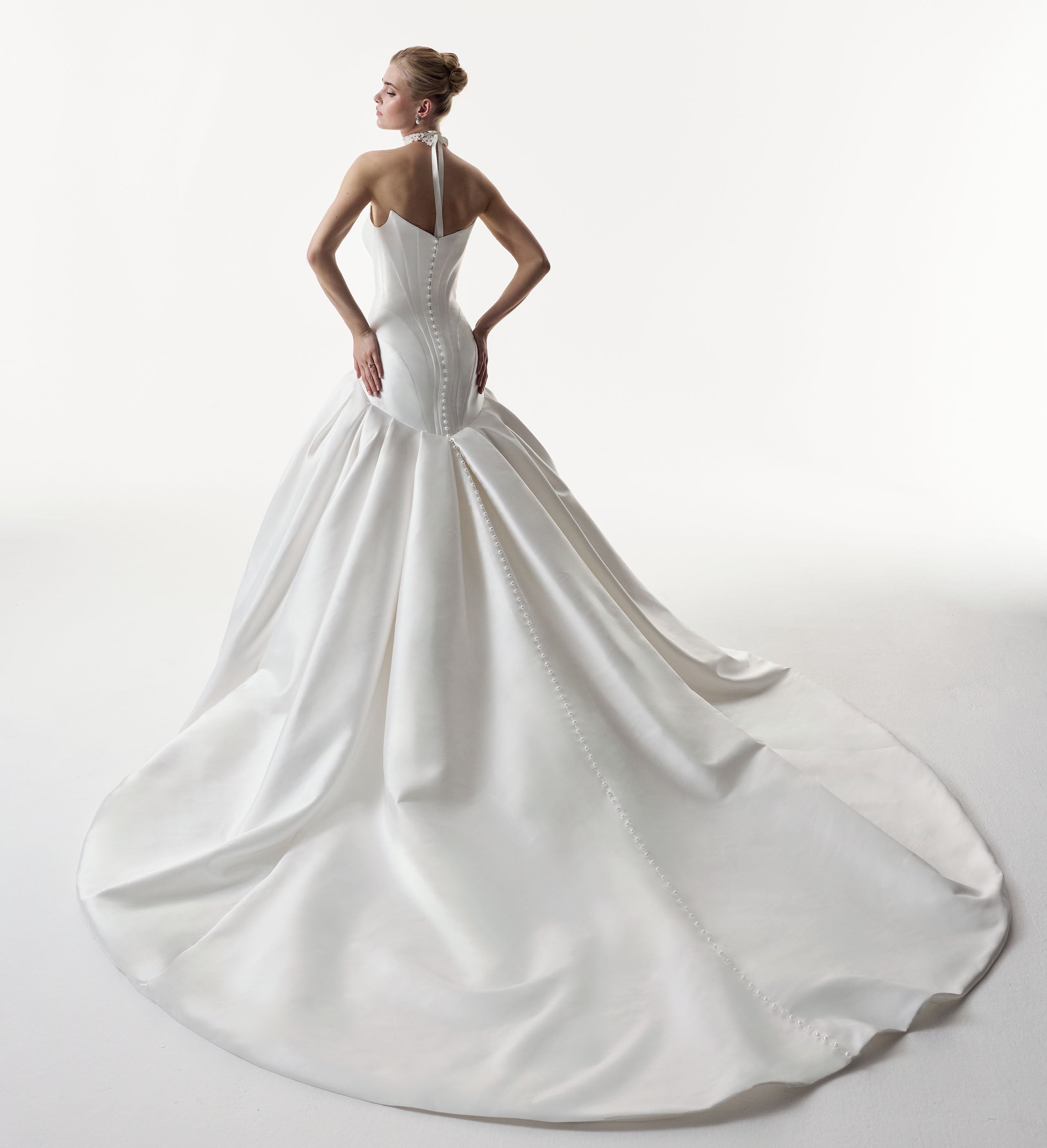 strapless cat eye corset dropped waist ball gown dress with choker and pearl buttons