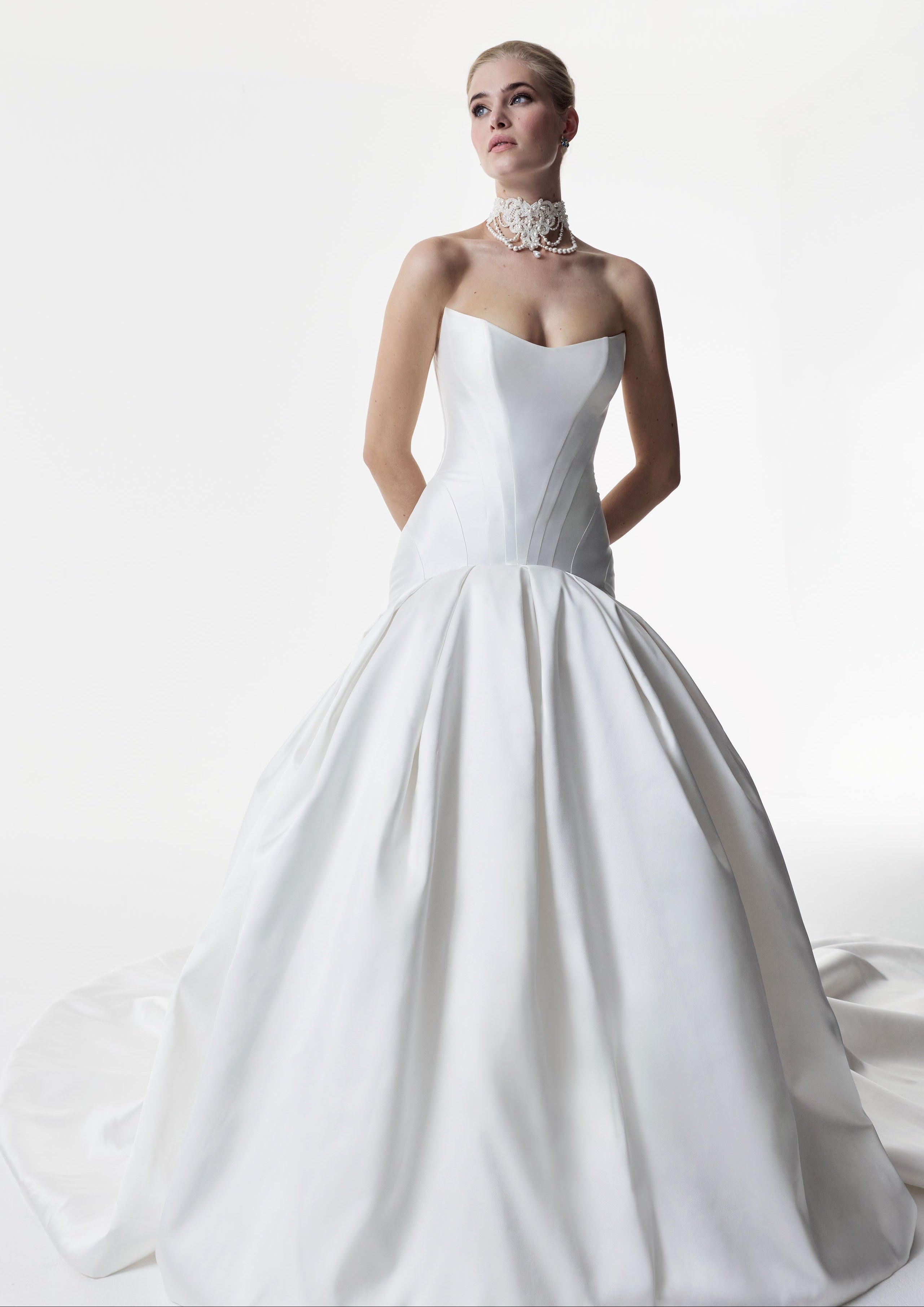 strapless cat eye corset dropped waist ball gown dress with choker