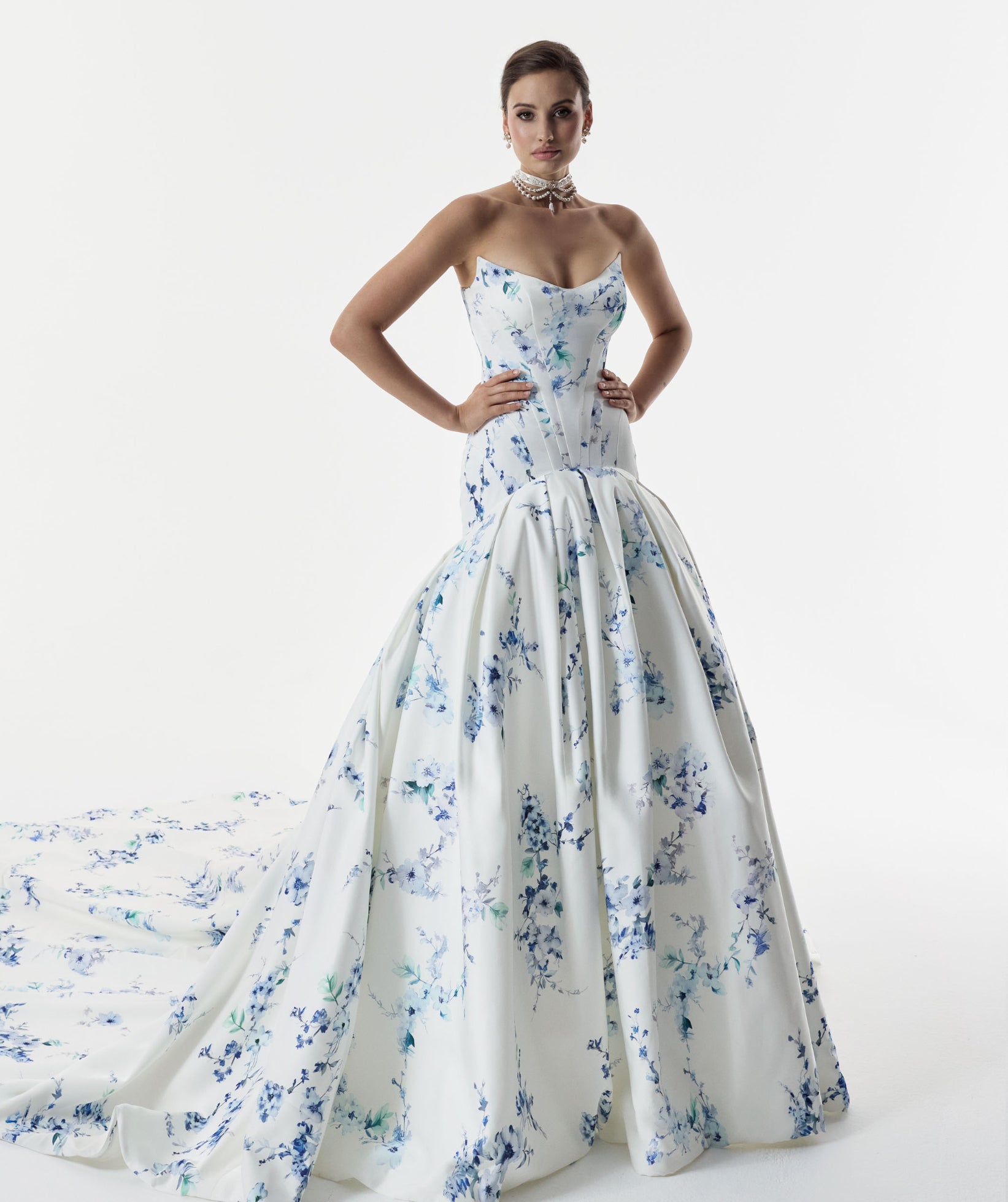 strapless cat eye corset dropped waist ball gown dress in blue topaz floral print with choker