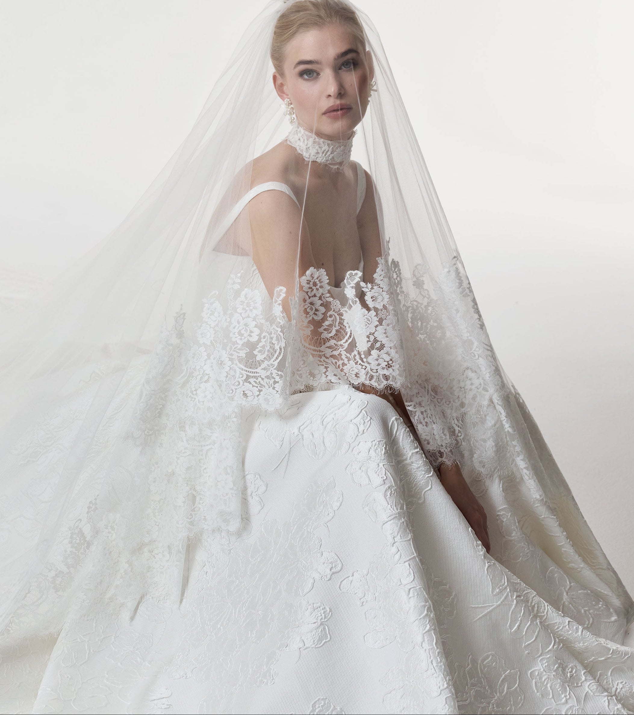 square neckline with basque waist A-Line skirt in silk embossed jacquard and lace choker and veil