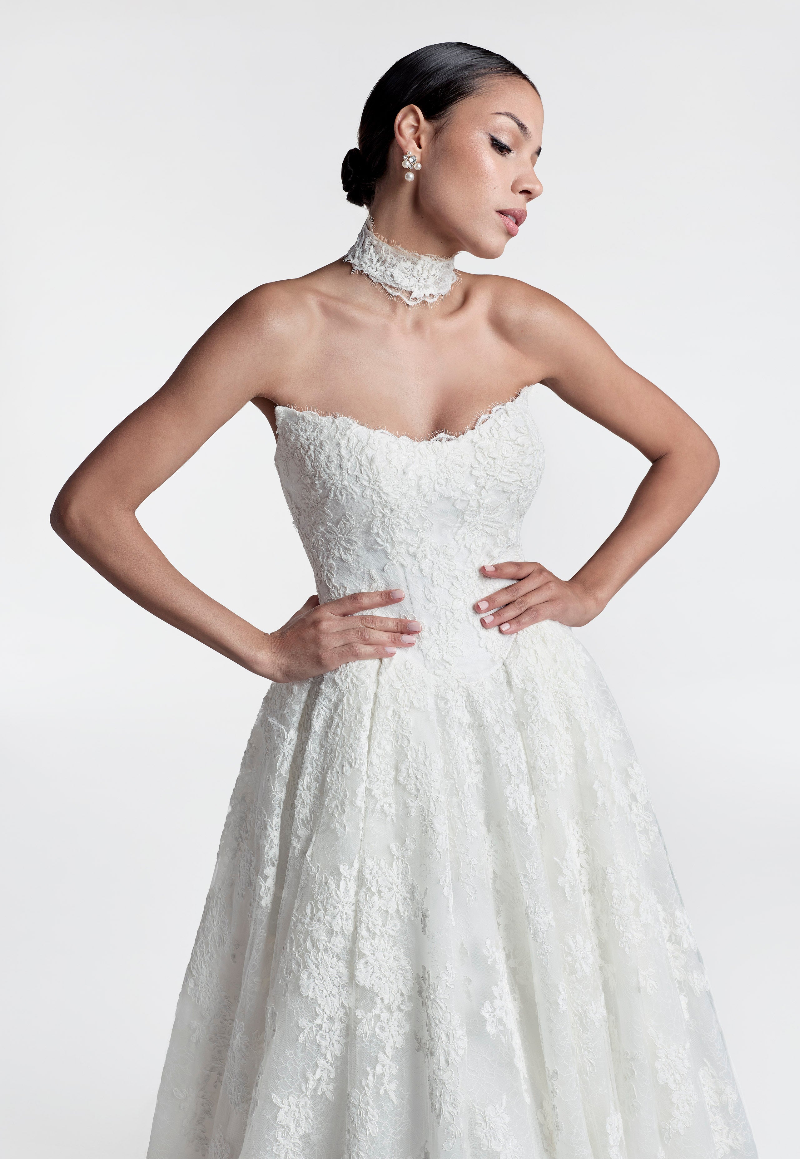 off the shoulder Chantilly lace v neckline and basuqe waist A-line with lace veil