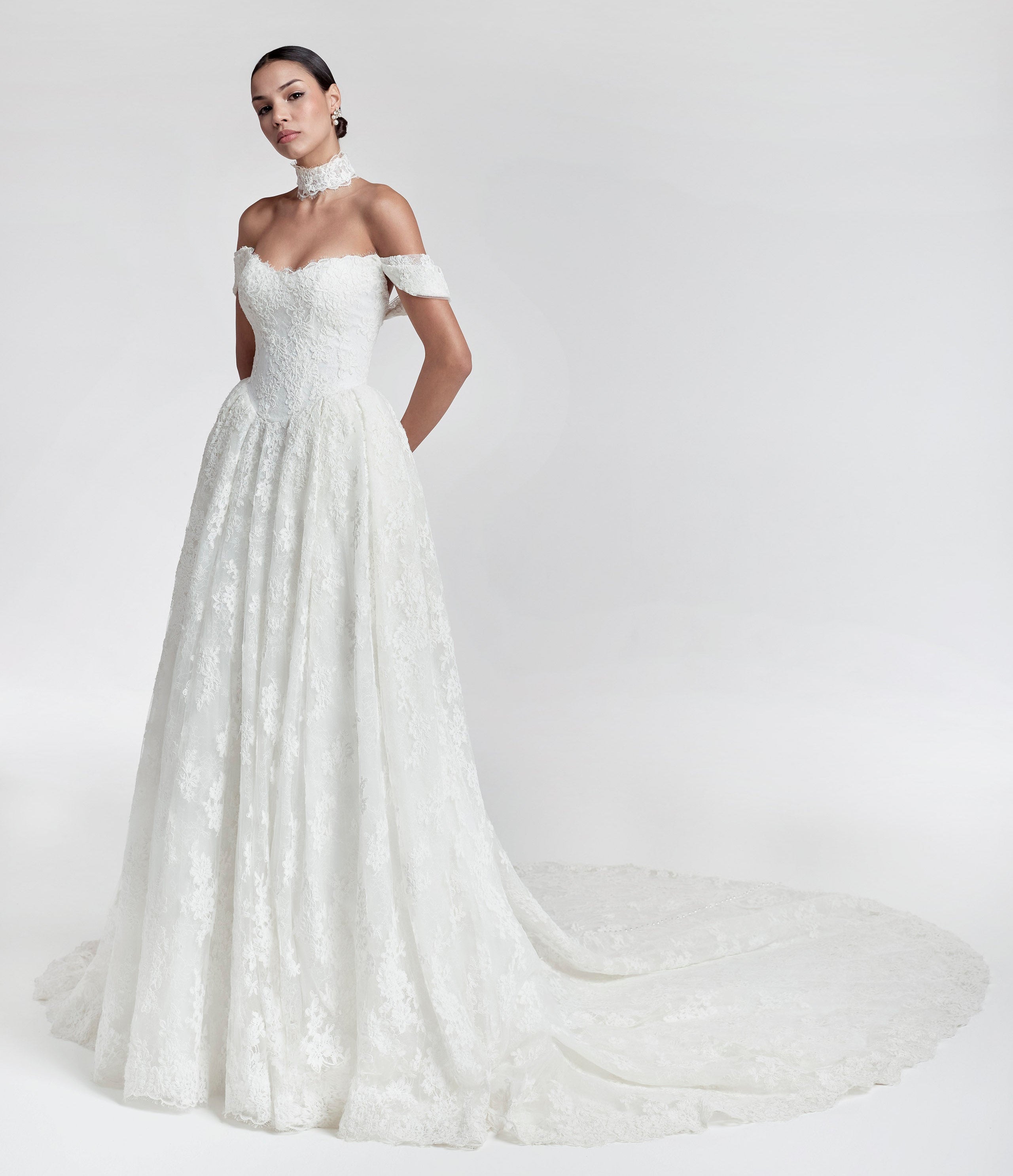 off the shoulder Chantilly lace v neckline and basuqe waist A-line with lace choker and detachable straps