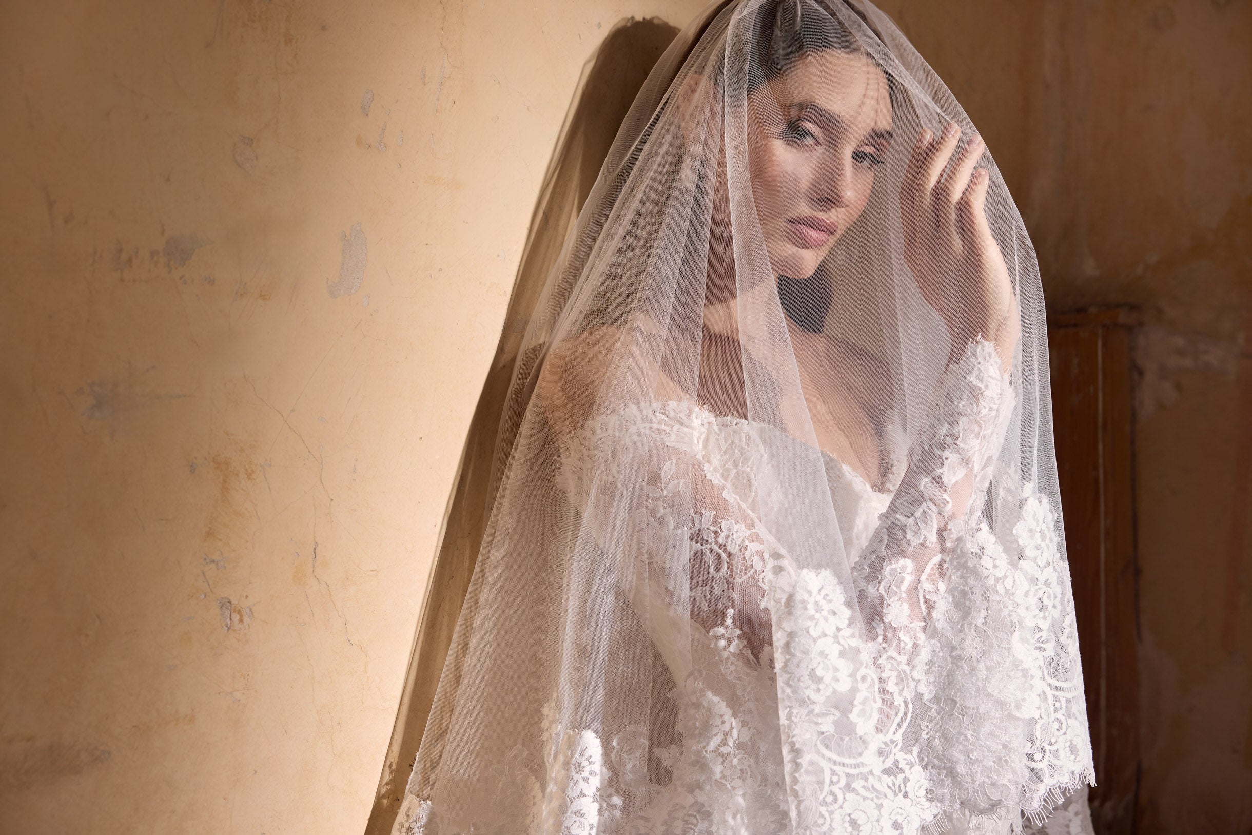 lace-up back and off-the-shoulder sleeves sweetheart neckline lace corset A-line dress with lace wedding veil