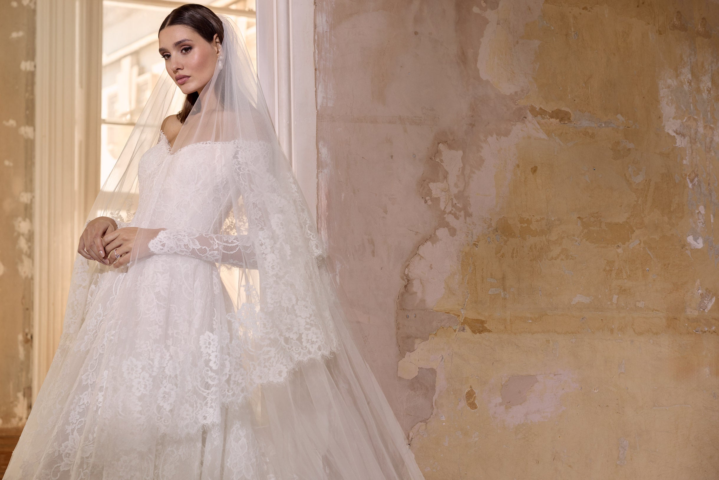 lace-up back and off-the-shoulder sleeves sweetheart neckline lace corset A-line dress with double tier lace wedding veil
